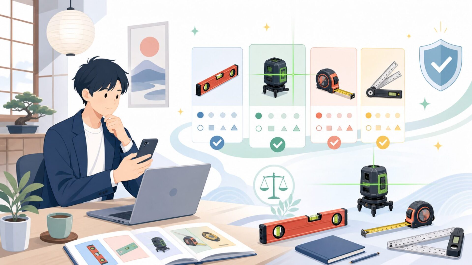 Kaproの代表的な製品ラインナップ|水平器からレーザー墨出し器までを表すイラスト