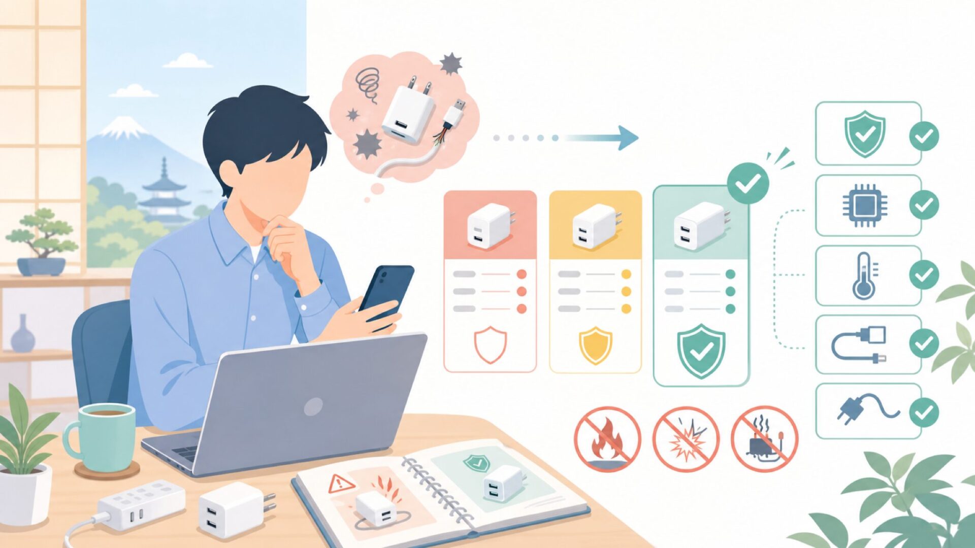 Baseus製品は本当に安全？認証と保護機能で検証を表すイラスト