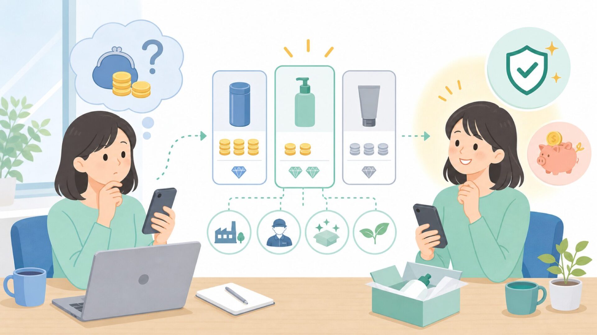 PROEVOが日本ブランドなのに安い理由とコスパの根拠を表すイラスト