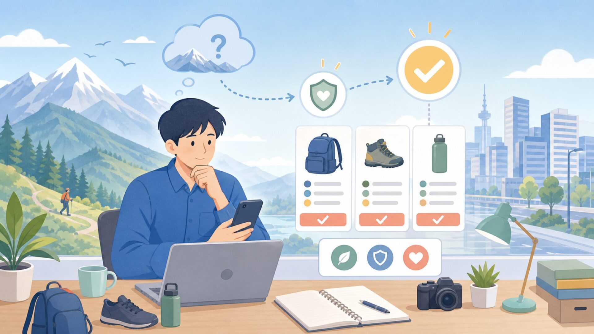 Topo Designsの世界観：「山と街をつなぐ」ブランド哲学を表すイラスト