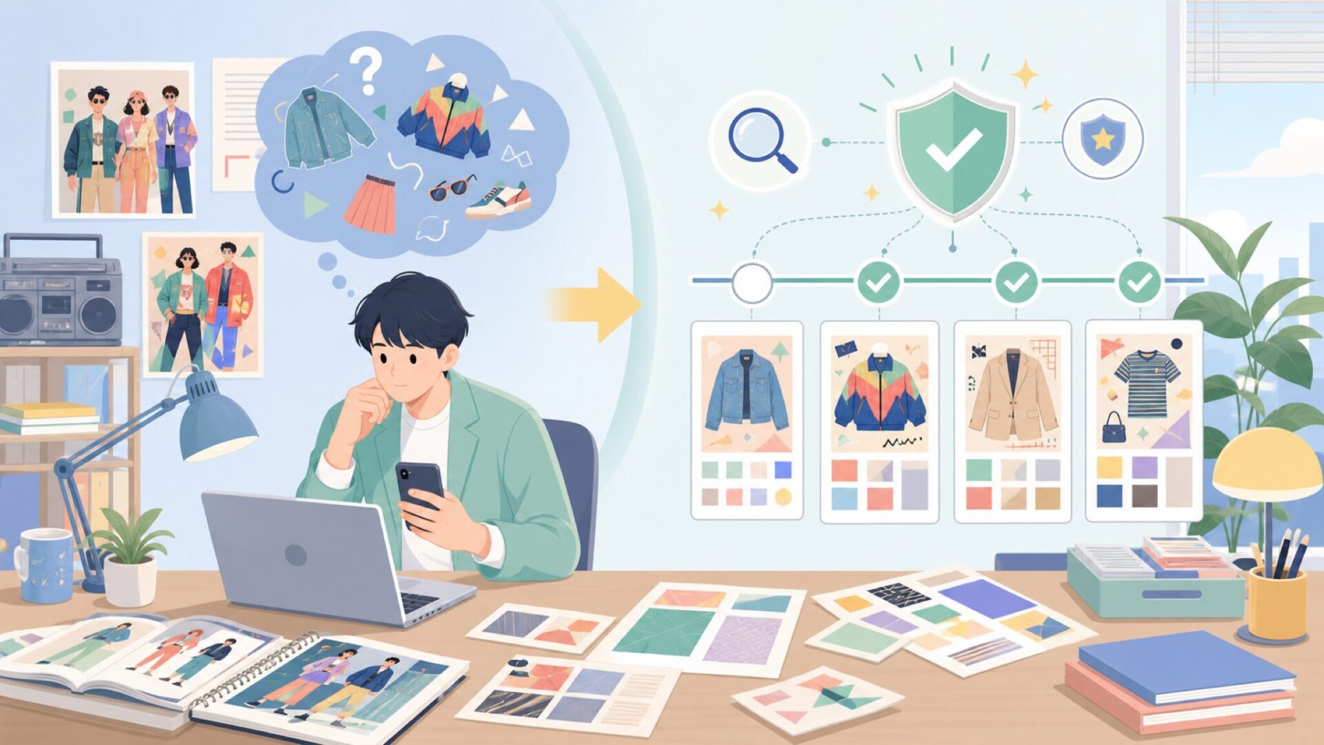 80年代から90年代——GUESSが世界のファッションシーンを席巻した時代を表すイラスト