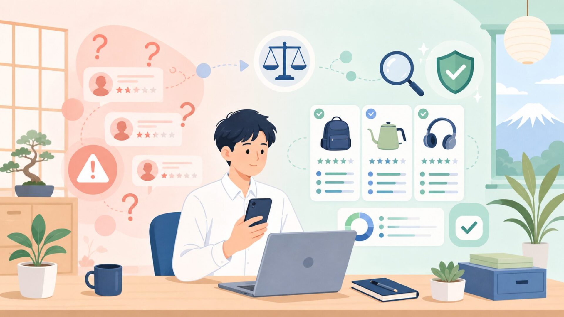 サクラチェッカーの「サクラ疑惑あり」をどう読み解くかを表すイラスト