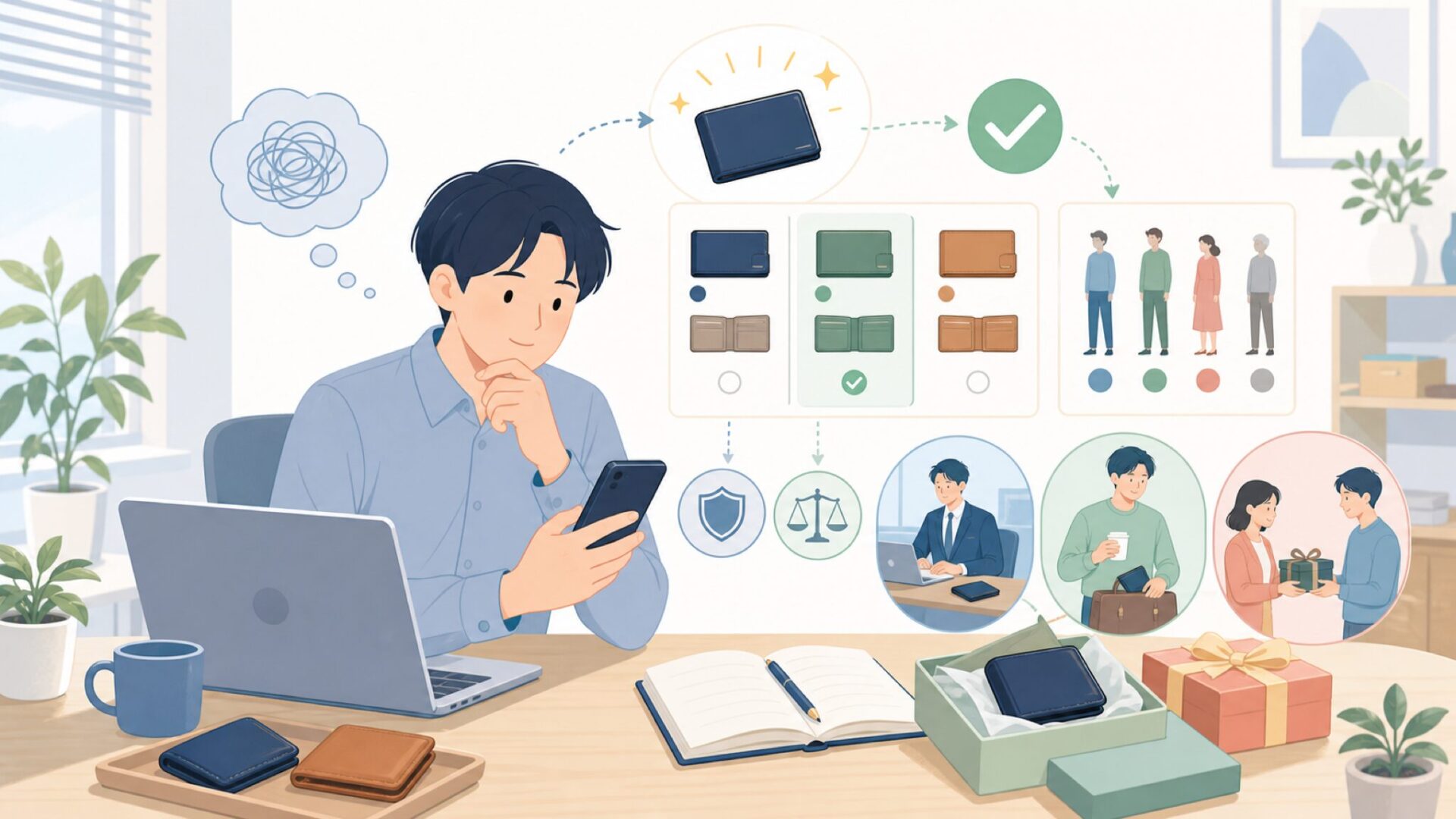 RafiCaroの財布が向いている年齢層と使うシーンを表すイラスト