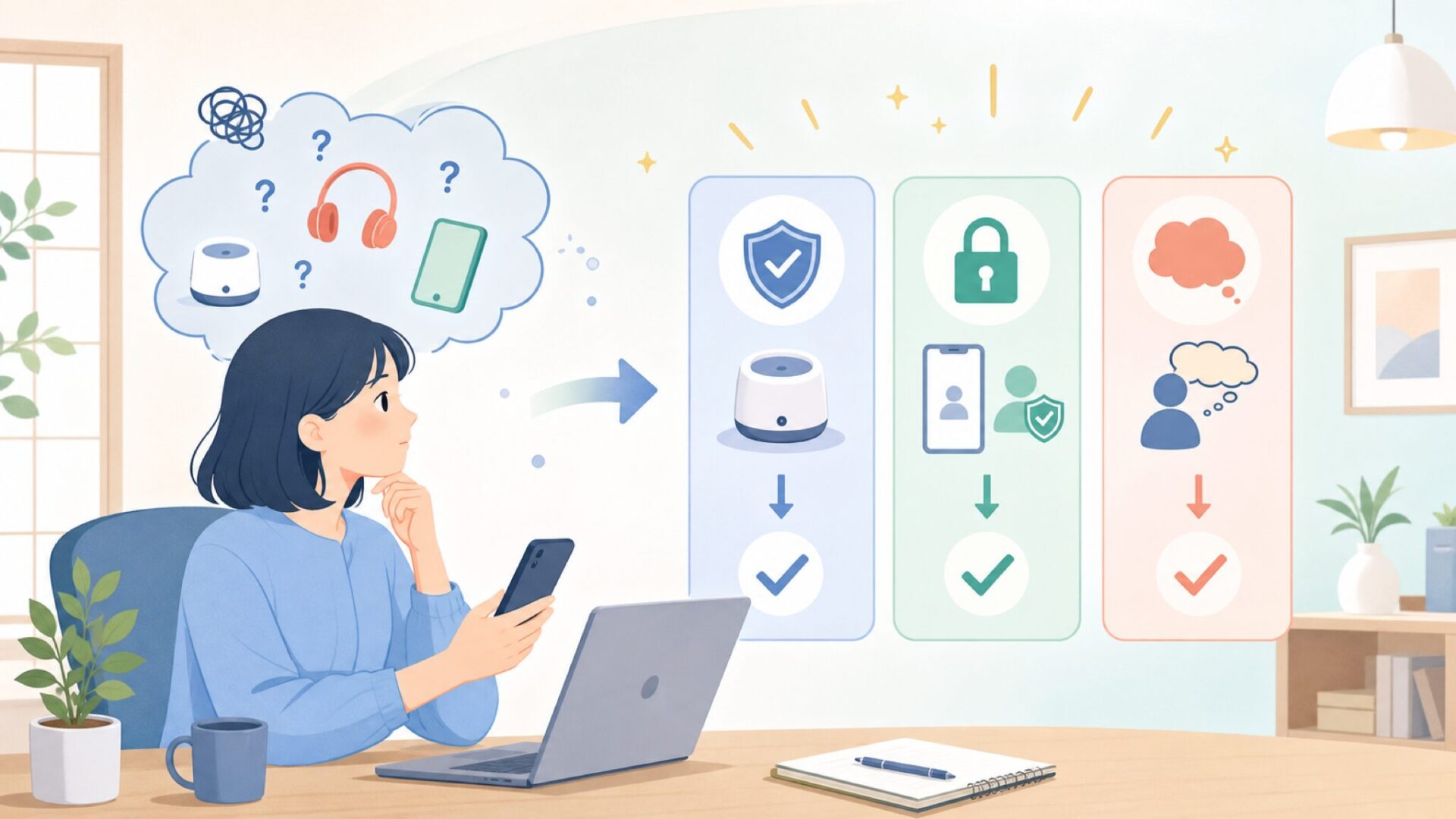 Dreameは怪しい？安全性を「物理・データ・先入観」の3つに分けて検証を表すイラスト