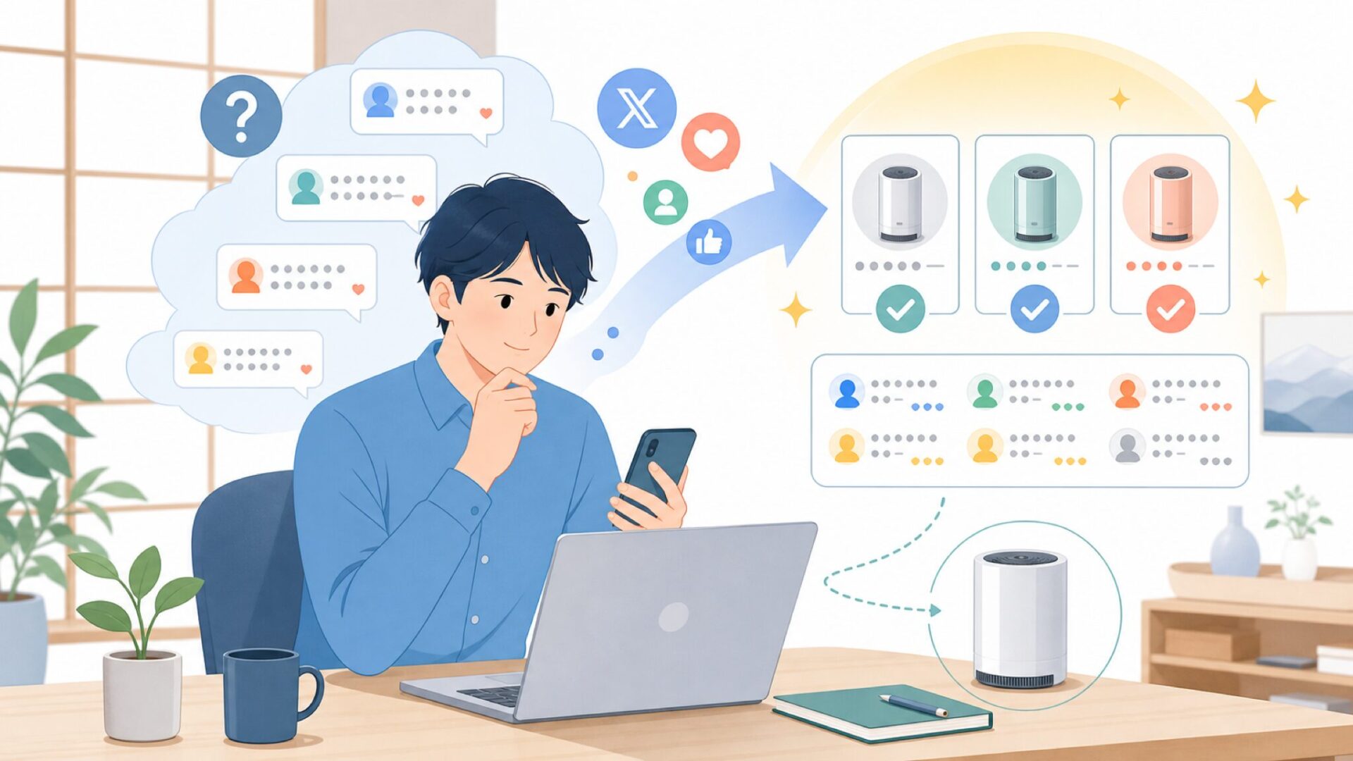 XとSNSに見るAirpherのリアルな口コミ・評判を表すイラスト