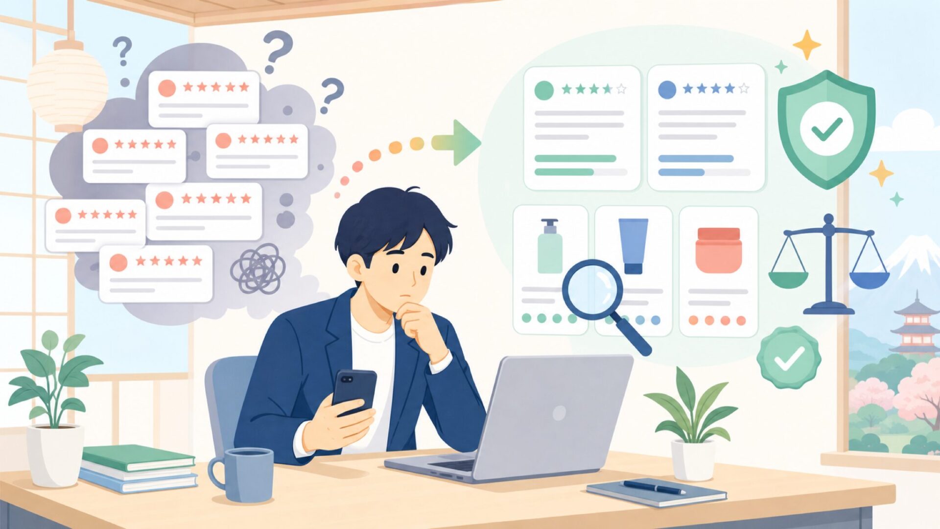 Feunesiのレビューはサクラ？口コミの信頼性を見極める方法を表すイラスト