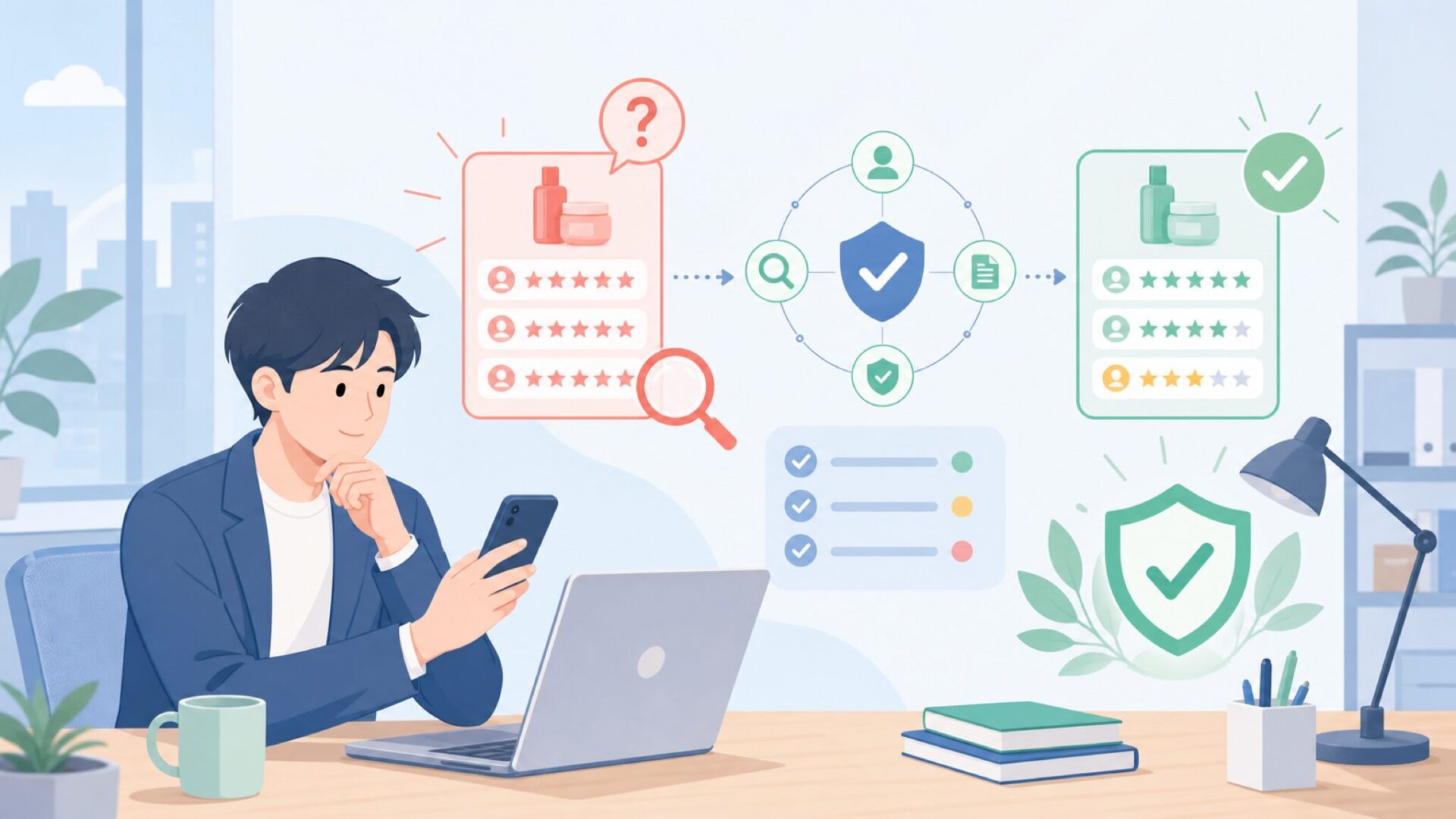 サクラレビューは本当か？口コミの信頼性を検証を表すイラスト