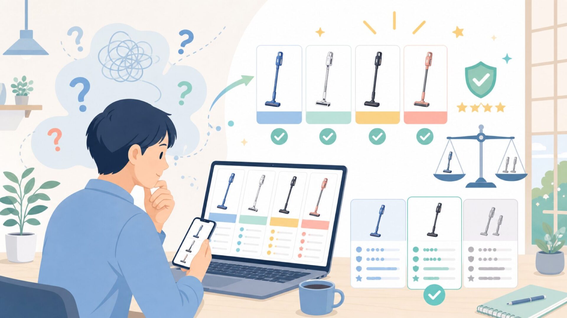 TechGoのコードレス掃除機ラインアップを確認するを表すイラスト