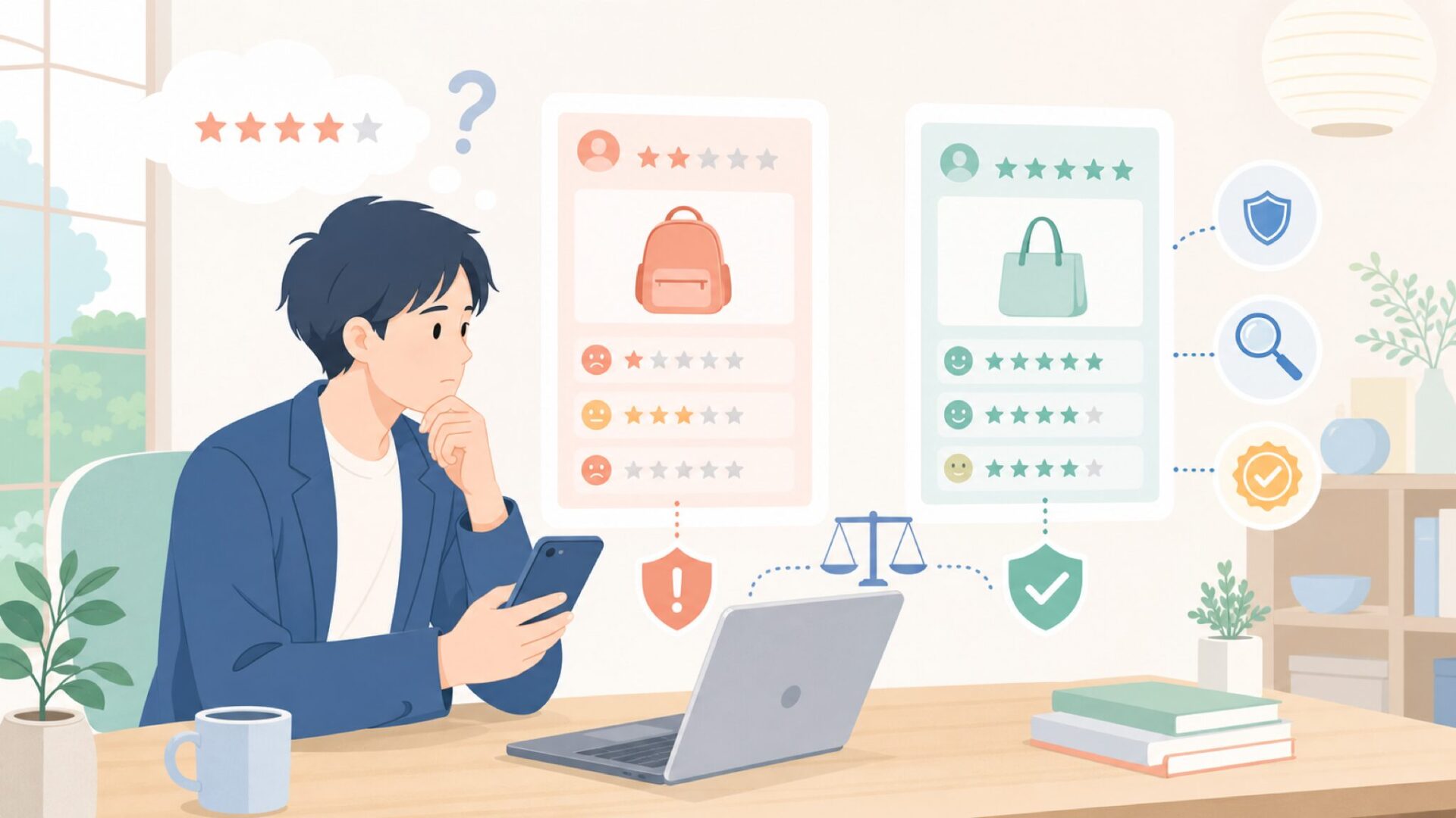 Amazonの高評価は本物か？サクラレビューと口コミの見極め方を表すイラスト