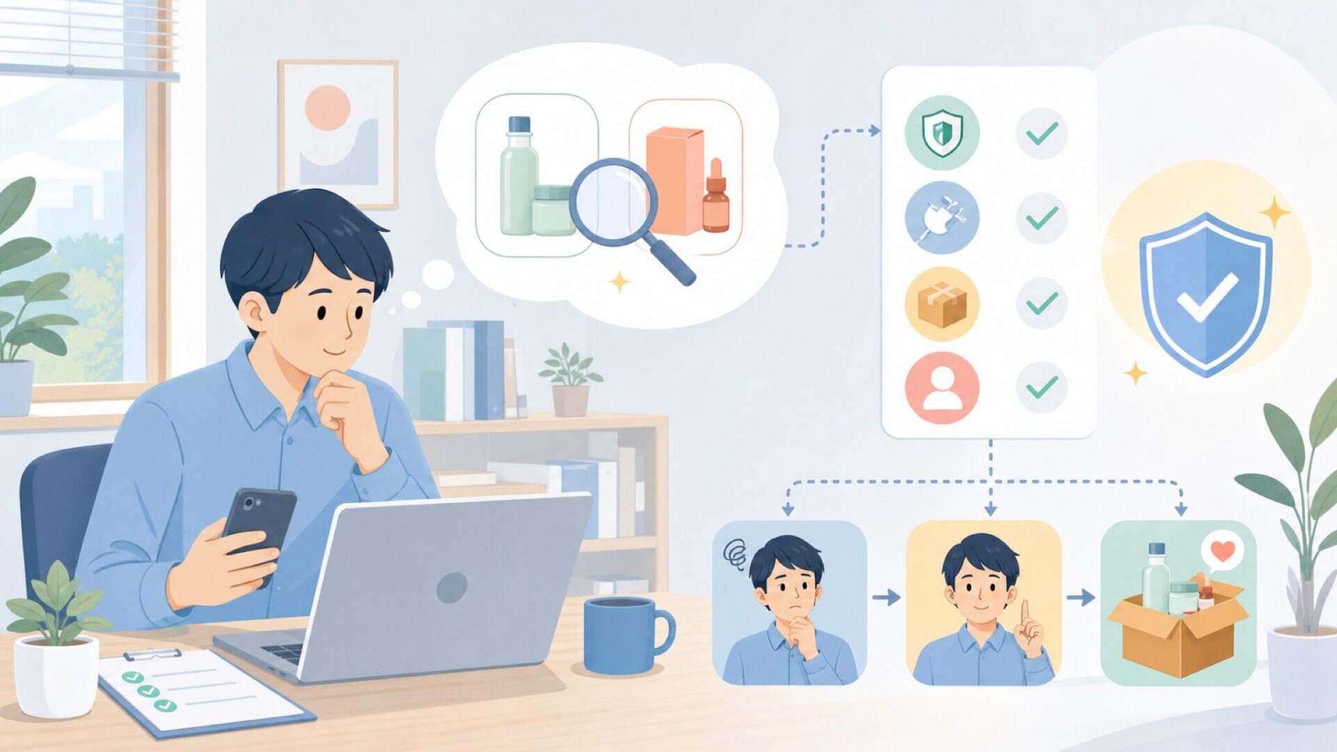 日本で安心して使うための購入前チェックポイントを表すイラスト