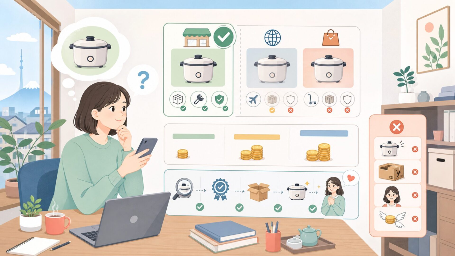 日本でJoule調理家電を買うには——正規ルートと価格帯のガイドを表すイラスト