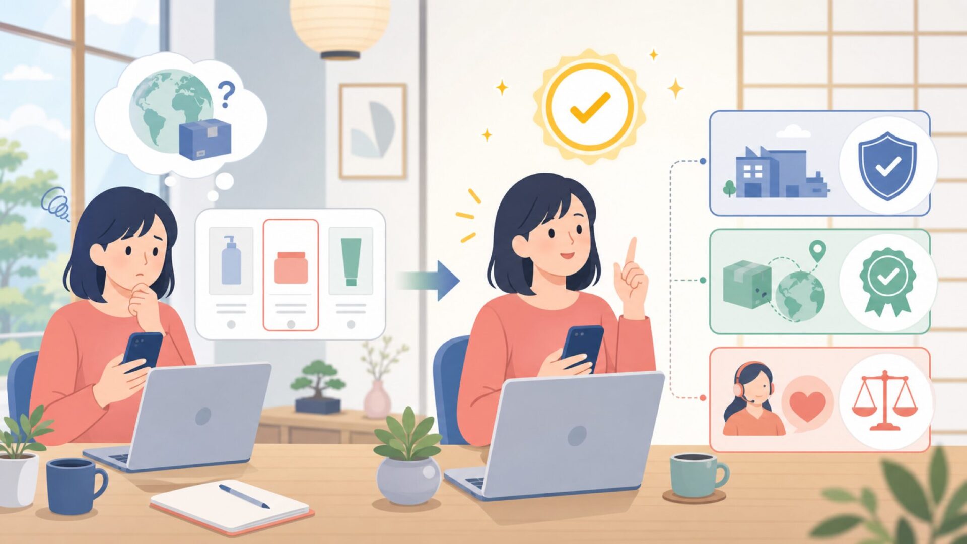 海外ブランドへの不安を消す3つの信頼根拠を表すイラスト