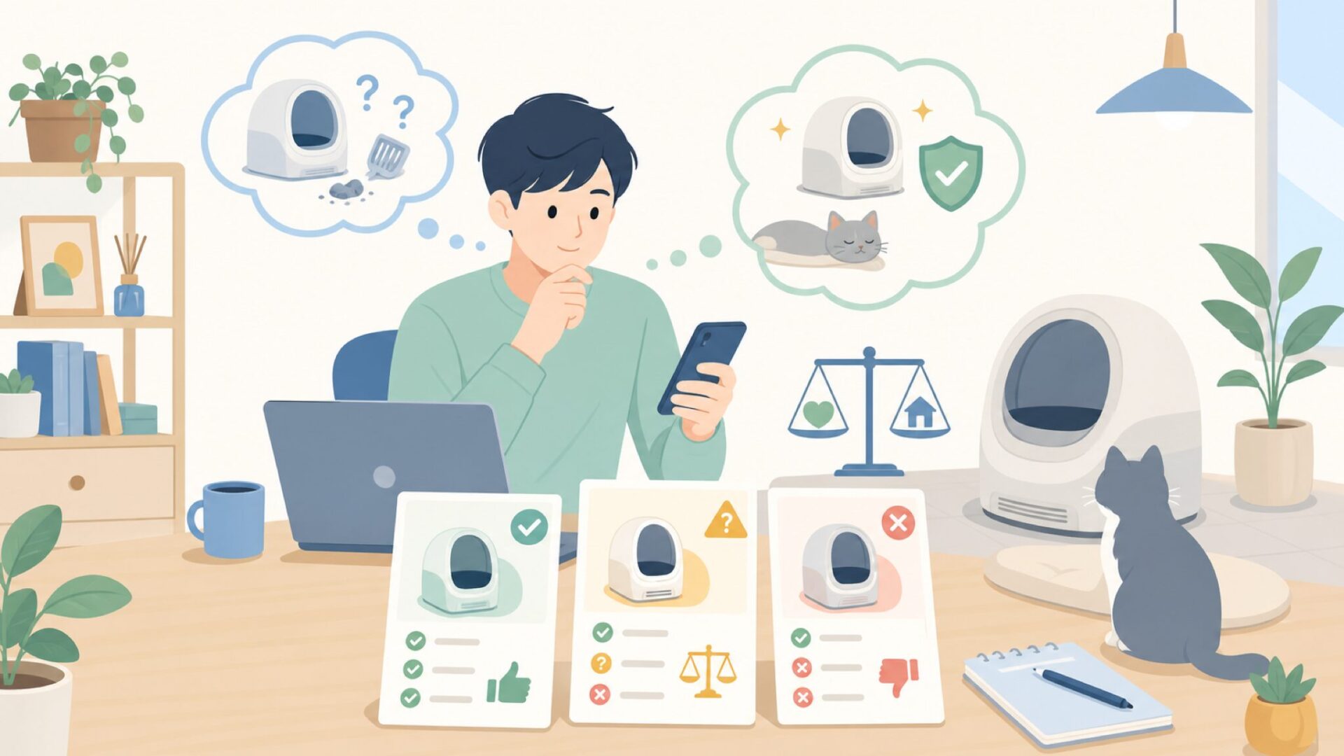 猫オーナーが正直に語るLitterMaidのリアル評価を表すイラスト