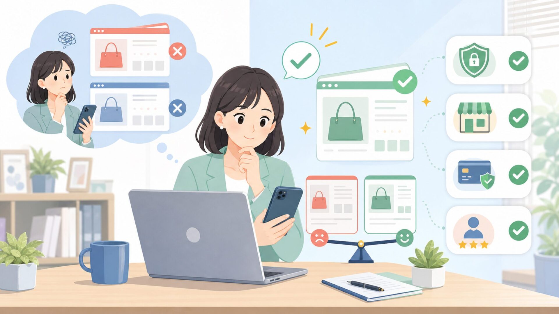今すぐ実践——偽サイトを見破る4つのチェックポイントを表すイラスト