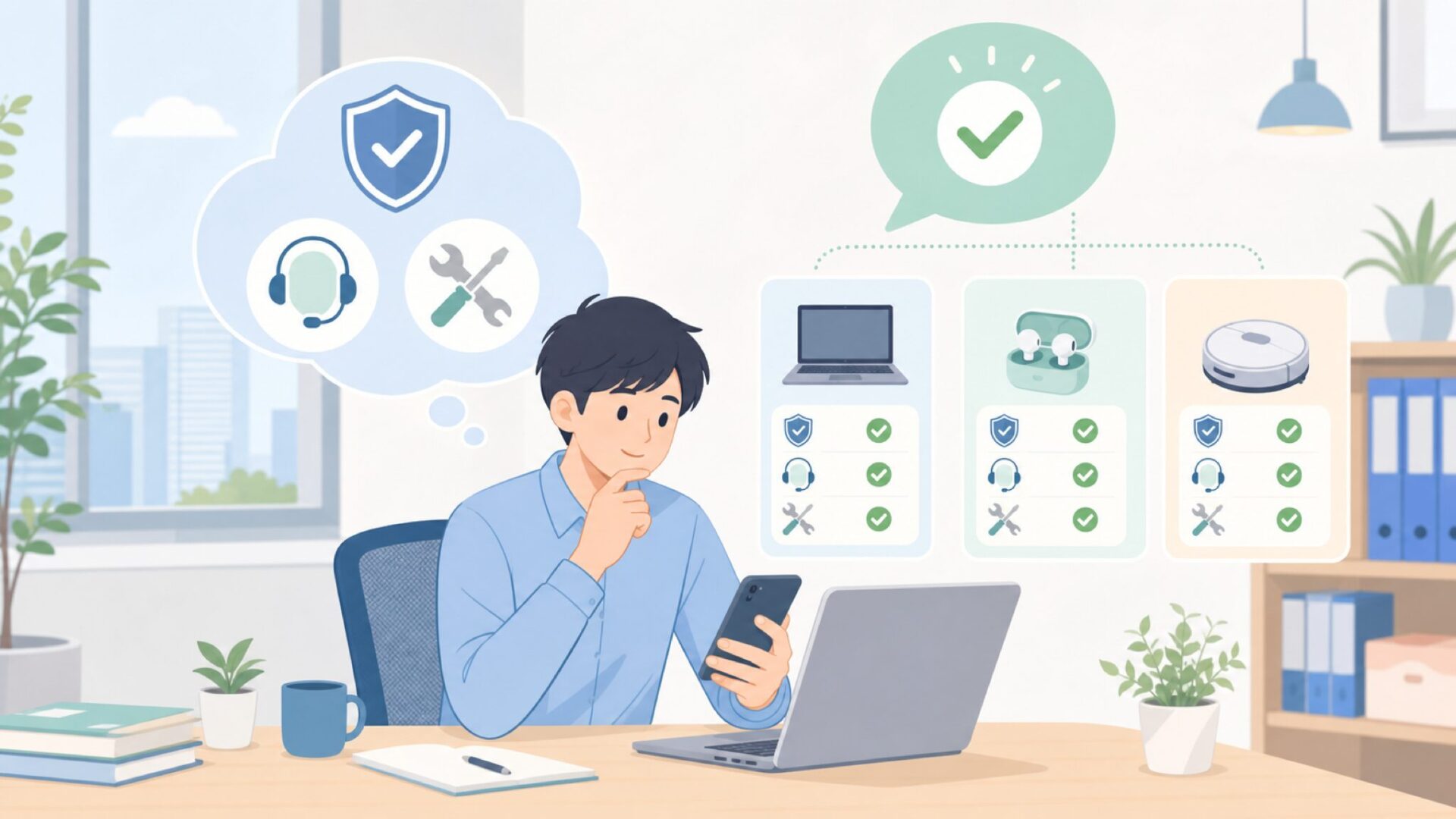 保証とアフターサービス体制を確認するを表すイラスト