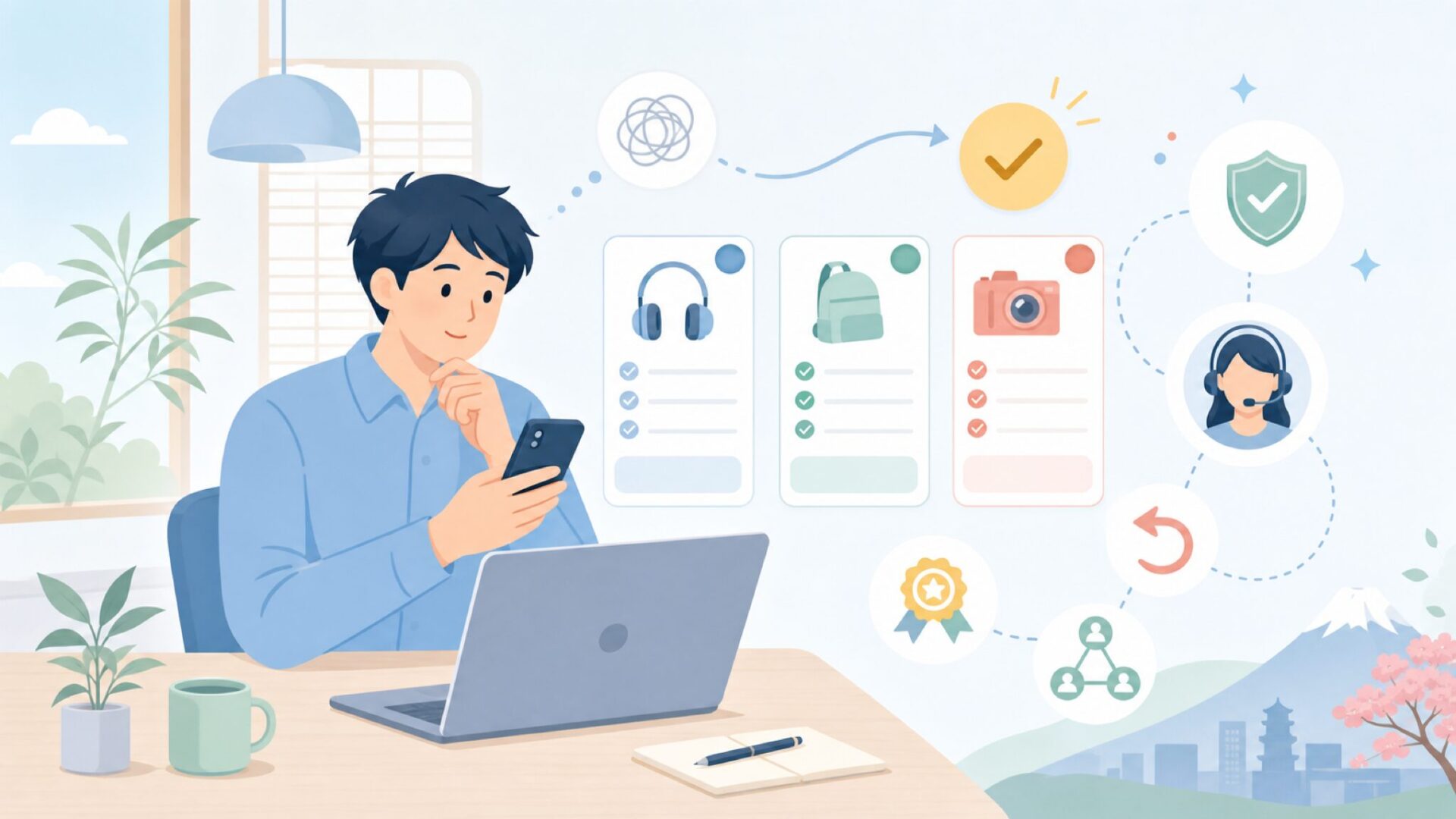 海外ブランドへの不安を解消──日本での購入とサポートを表すイラスト
