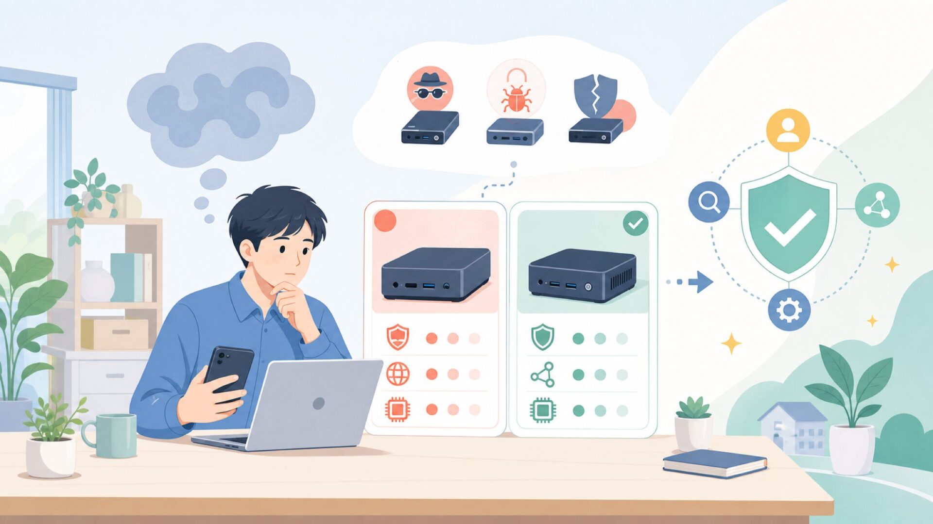 中国製ミニPC・ガジェットは買って大丈夫？リスクを正しく切り分けるを表すイラスト