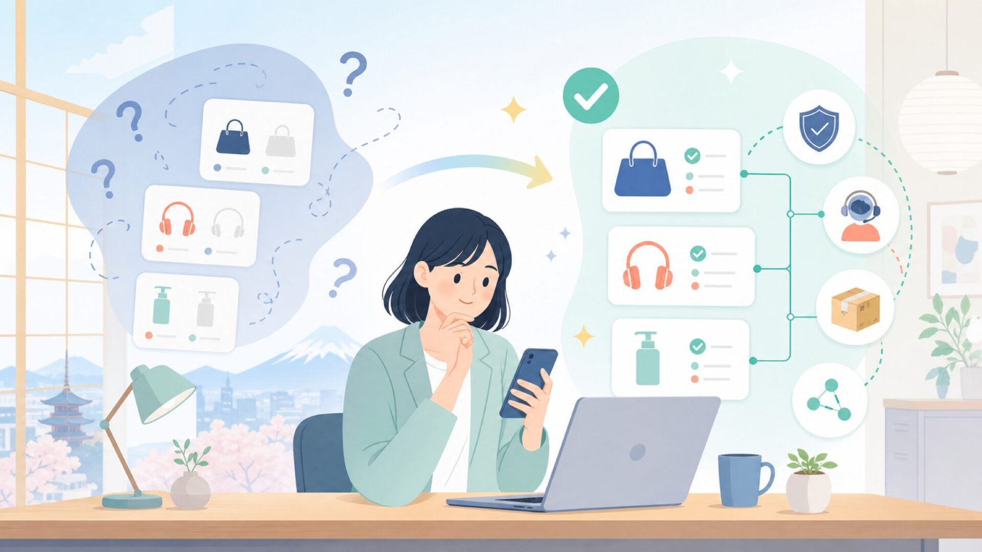 なぜ聞き慣れない？日本での買い方とサポート体制を表すイラスト