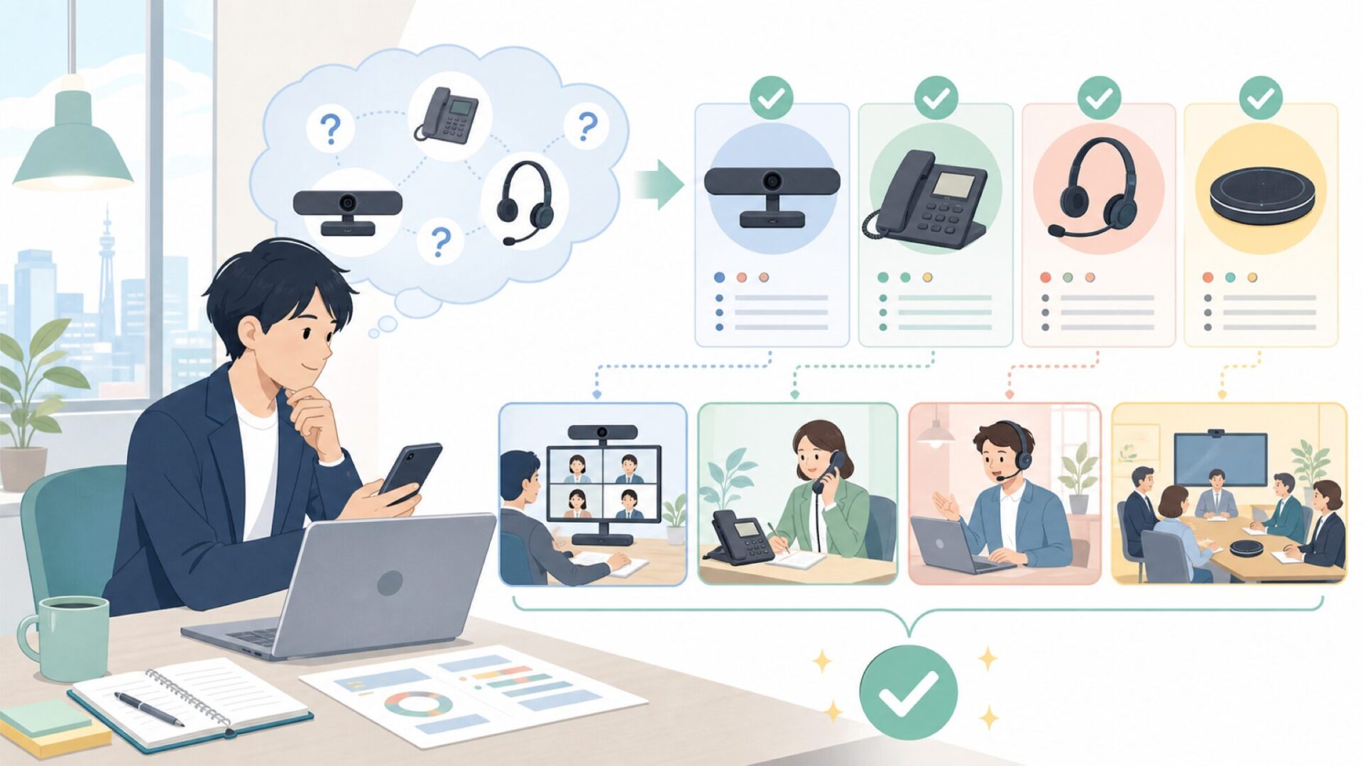 Yealinkは何を作っている会社か|主力製品ラインと導入シーンを表すイラスト