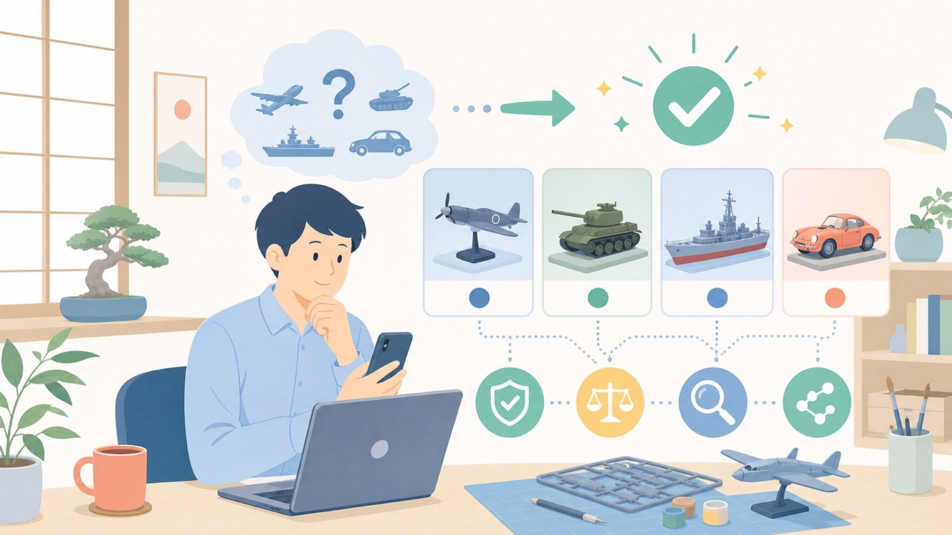 Revellの主な製品ラインナップ｜航空機・ミリタリー・艦船・自動車を表すイラスト