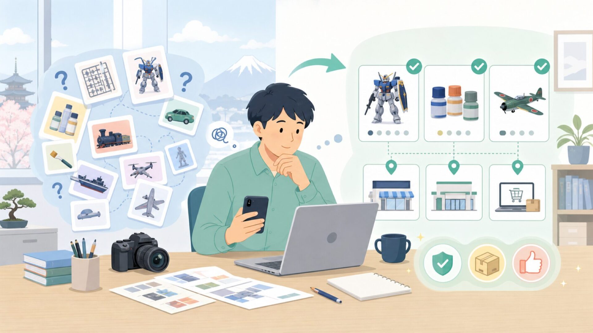 Mr.HOBBYの商品ラインナップと買える場所を表すイラスト