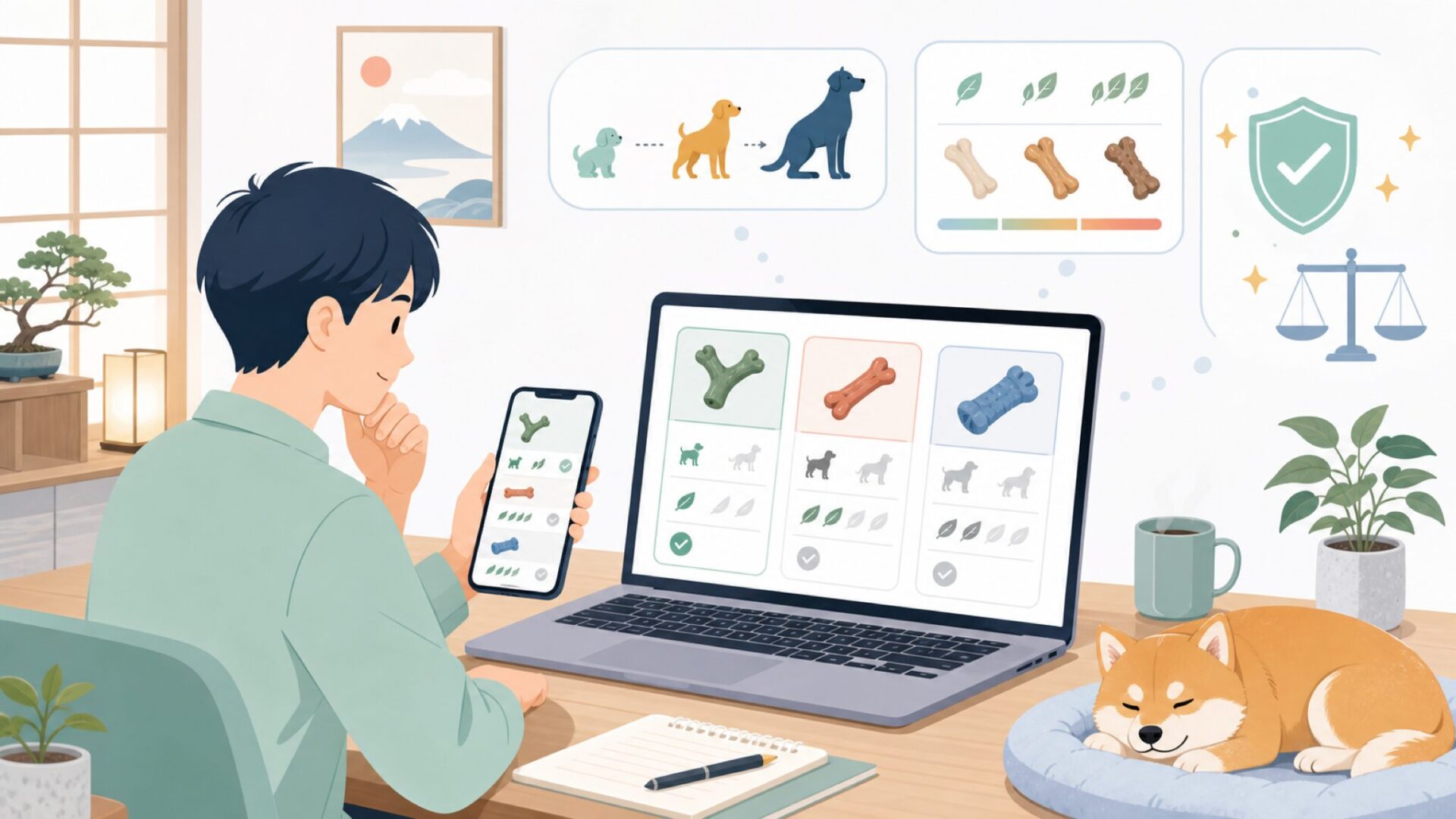 Beneboneのラインナップ——愛犬のサイズと噛み方で選ぶを表すイラスト
