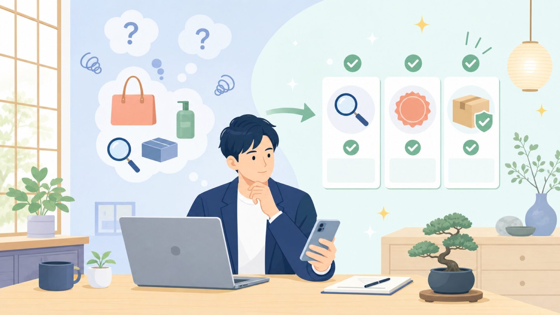 正規品を確実に手に入れる3つのチェックポイントを表すイラスト