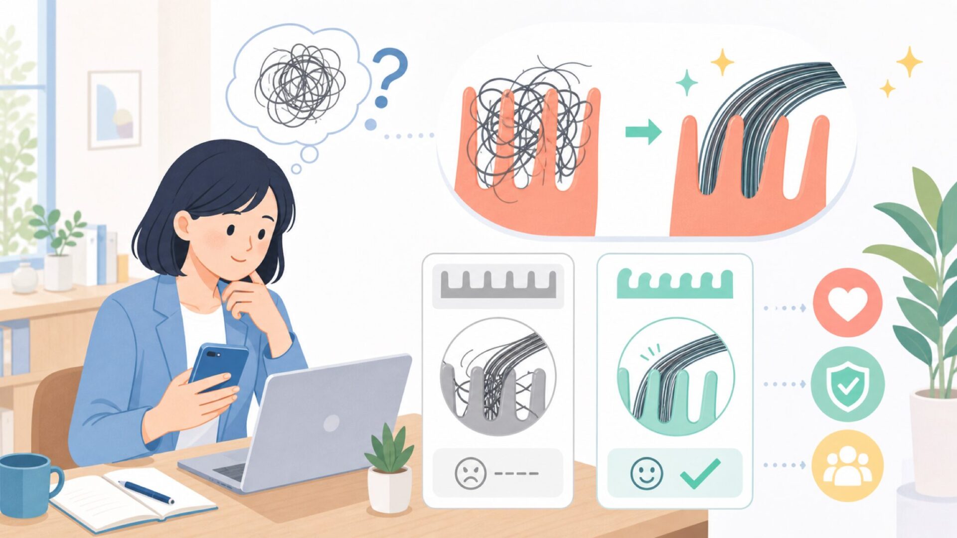 なぜ「絡まりがするっと解ける」のか——独自構造の秘密を表すイラスト