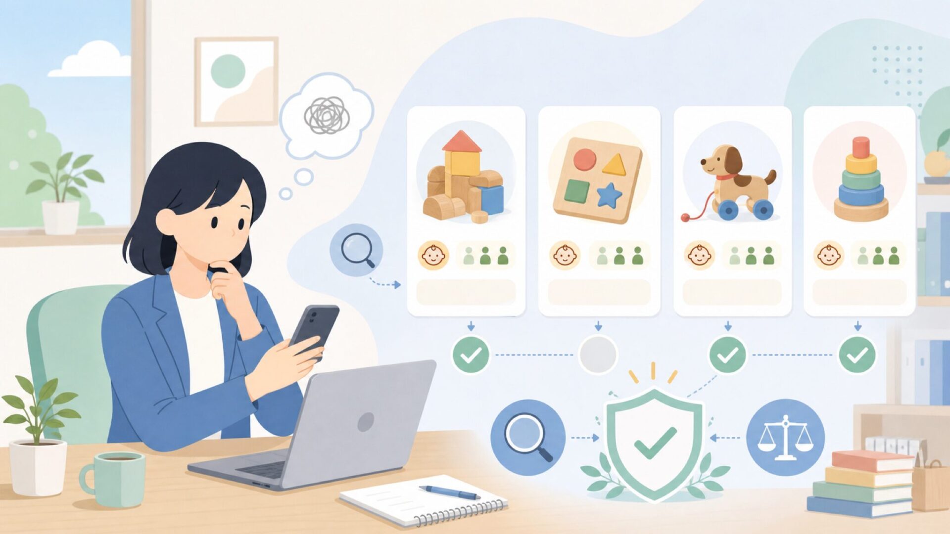Janodを代表する人気アイテムと対象月齢の目安を表すイラスト