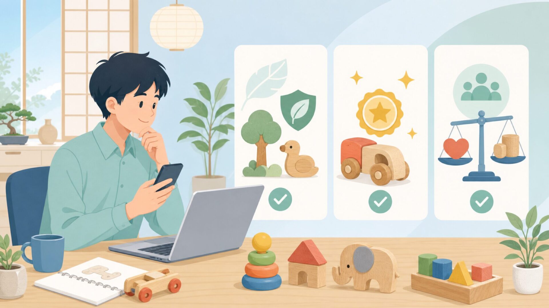 PlanToysが「ただの木のおもちゃ」ではない3つの理由を表すイラスト