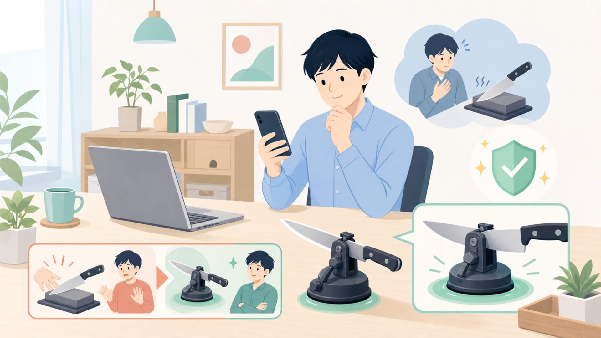 吸盤固定でハンズフリー —手を切らない研ぎ方の仕組みを表すイラスト