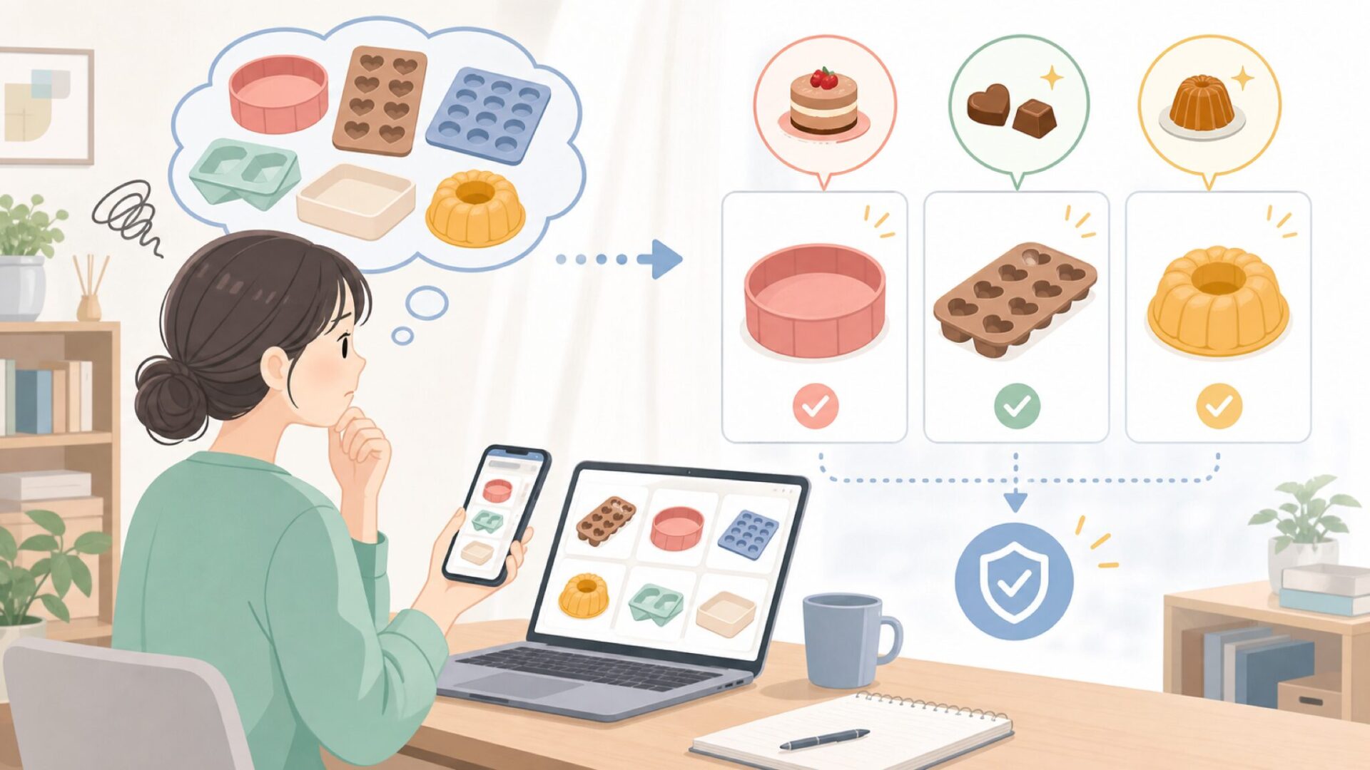 Silikomartのシリコン型を目的別に選ぶ——初心者が迷わない選択基準を表すイラスト