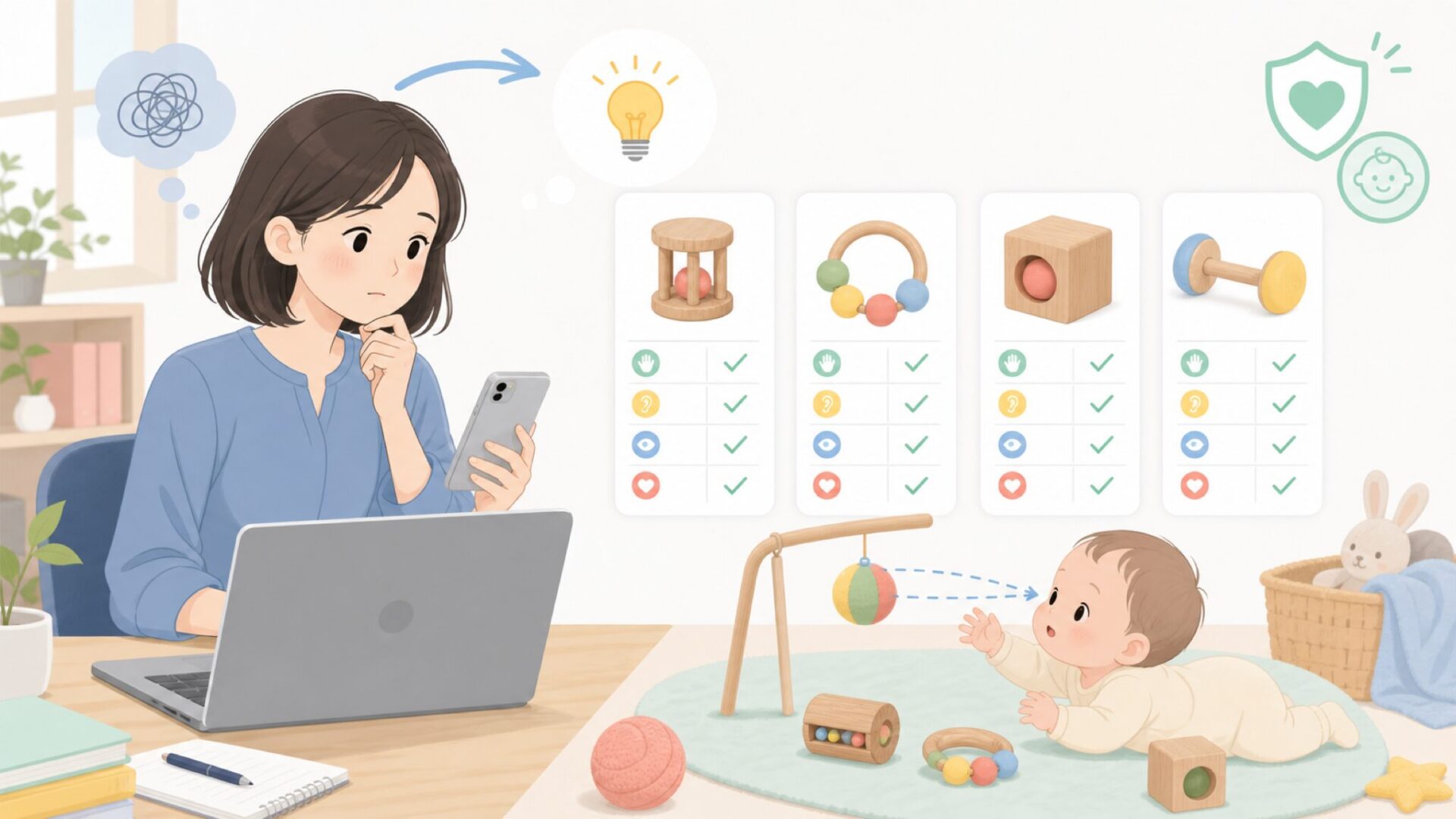 0〜1歳の赤ちゃんへ — 五感を育てるはじめてのHABAおもちゃを表すイラスト