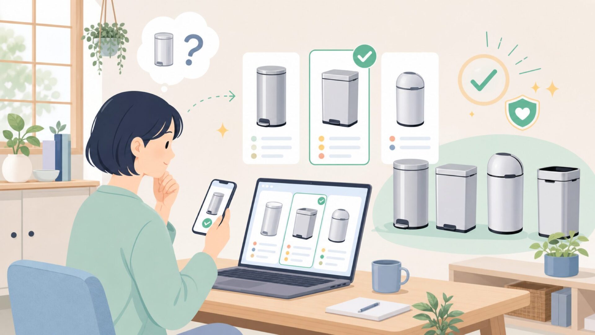 simplehumanのゴミ箱タイプ別ガイド ── 暮らしに合う一台を探すを表すイラスト