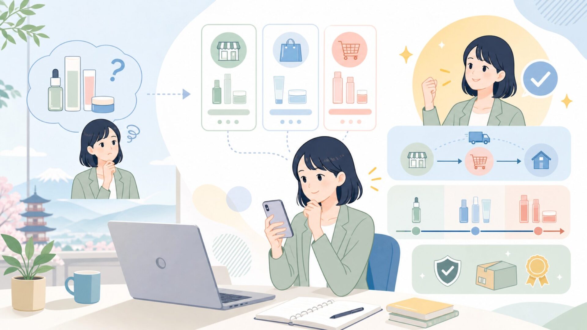 日本でessence cosmeticsはどこで買える？購入ルートと価格帯を表すイラスト