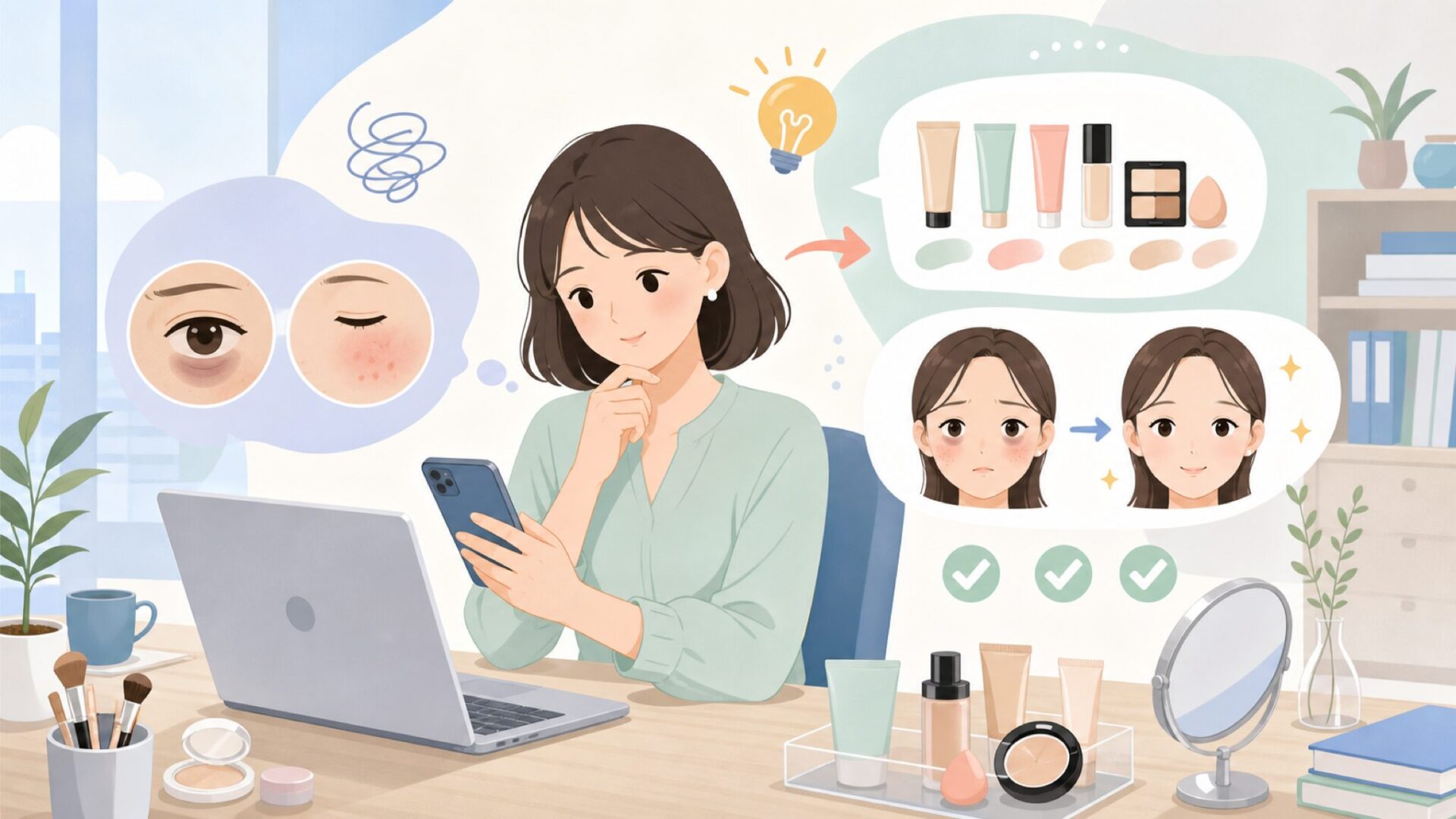 肌悩みをカバーするL.A. Girlのベースアイテムを表すイラスト