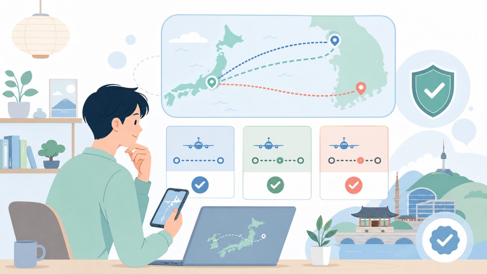 日本から大邱への行き方——直行便・ソウル経由・釜山経由を表すイラスト