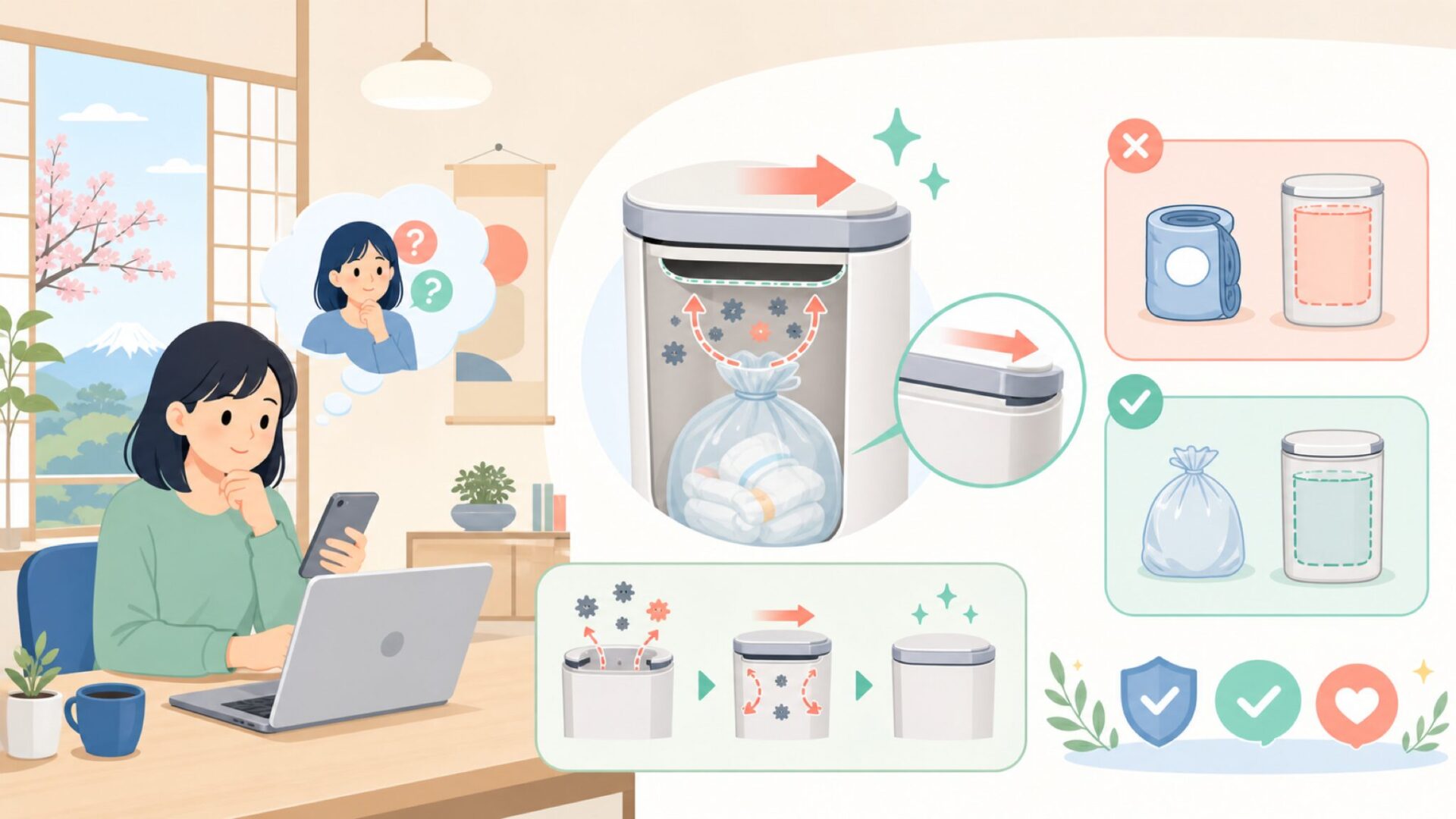 スライド式フタが臭いを閉じ込める仕組みと専用袋不要の理由を表すイラスト
