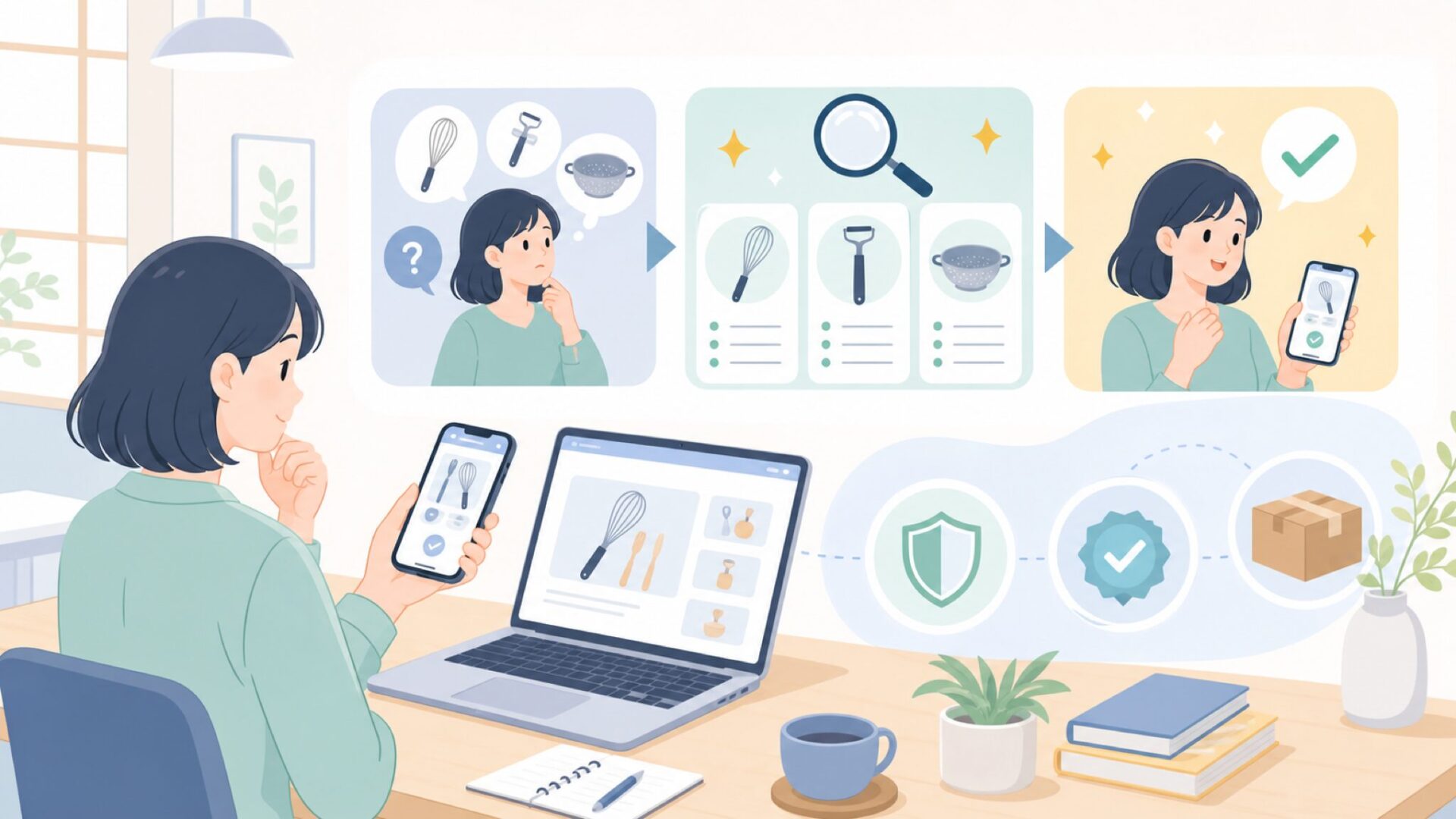 通販でCuisiproを購入するときの確認ポイントを表すイラスト