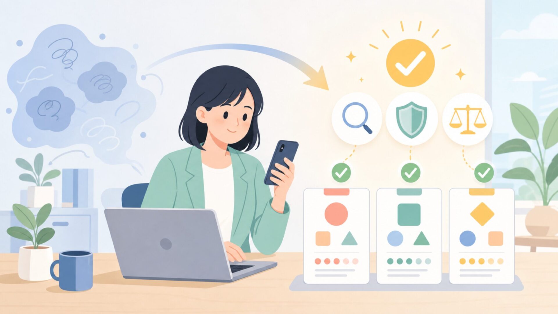 購入前に確認したい3つのポイントを表すイラスト