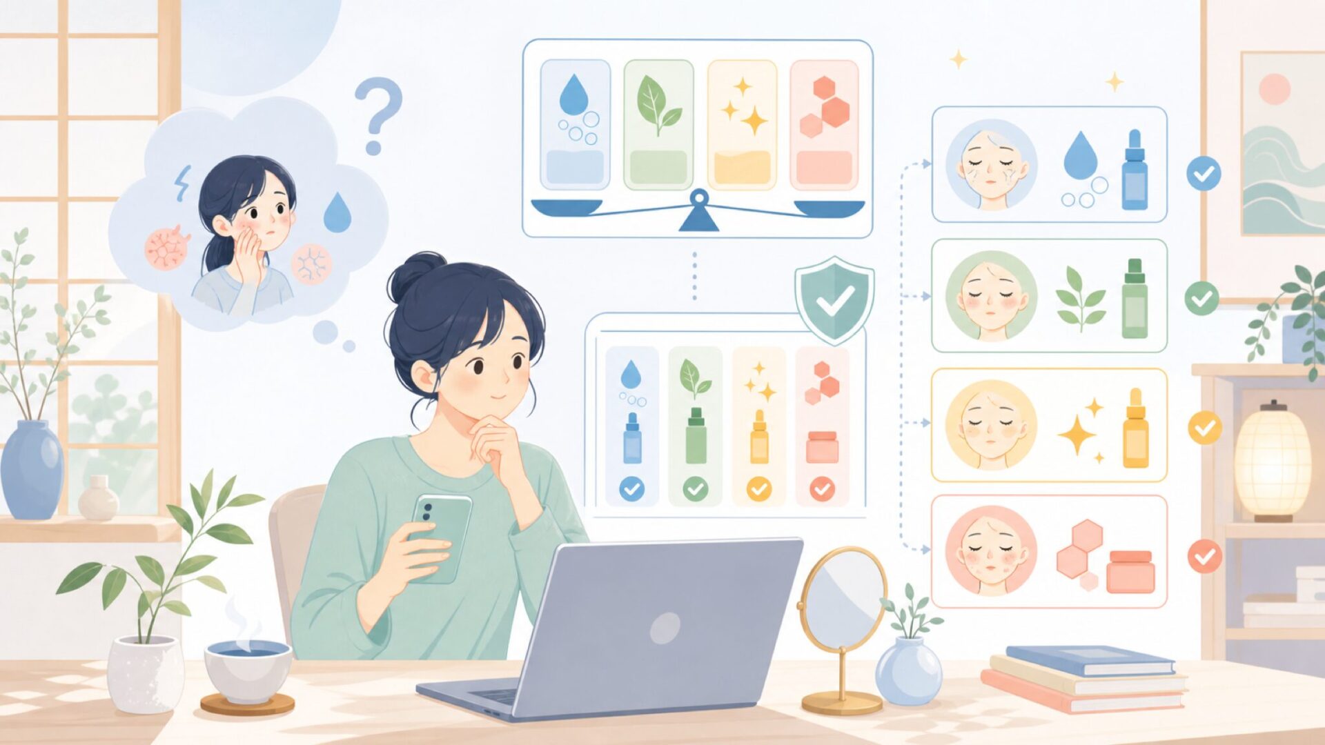 肌悩み別・The INKEY Listの人気商品と成分ガイドを表すイラスト