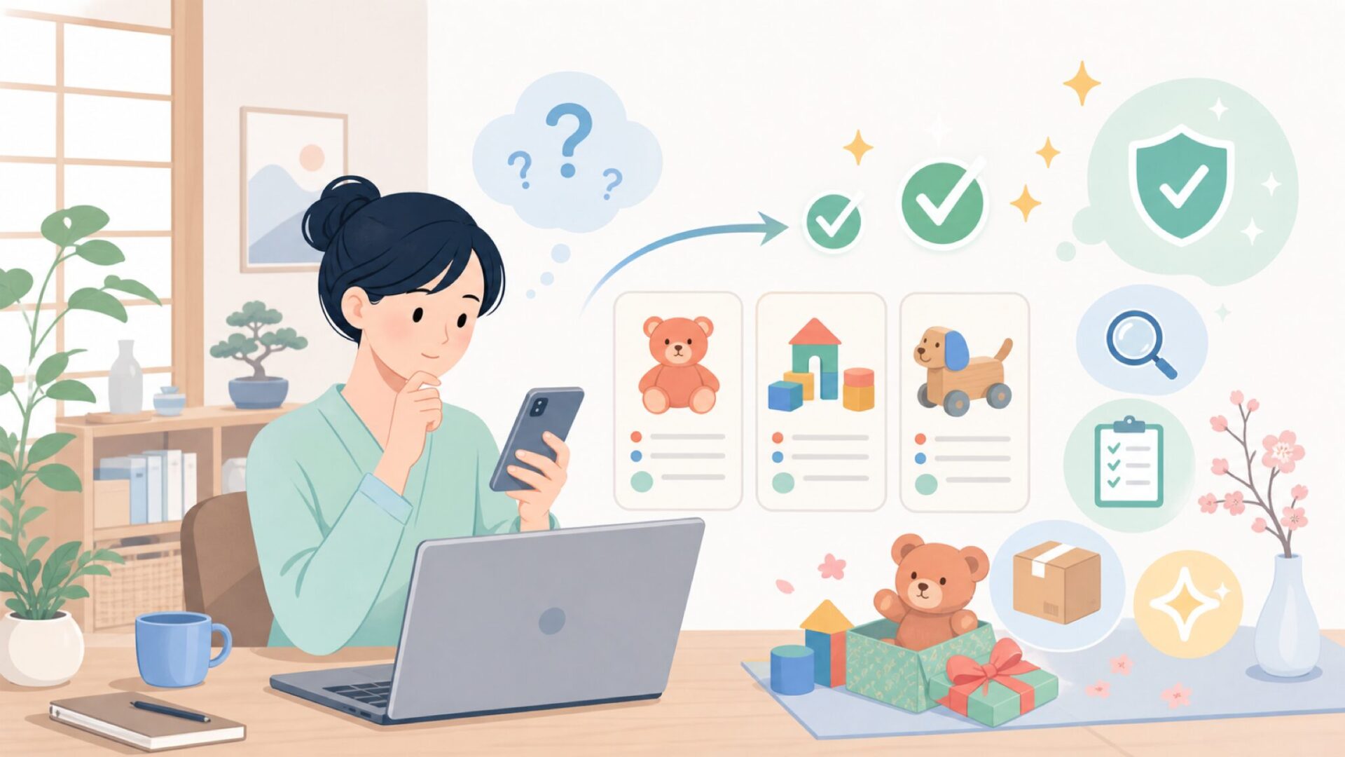 日本でBattatを買うときに確認したいことを表すイラスト