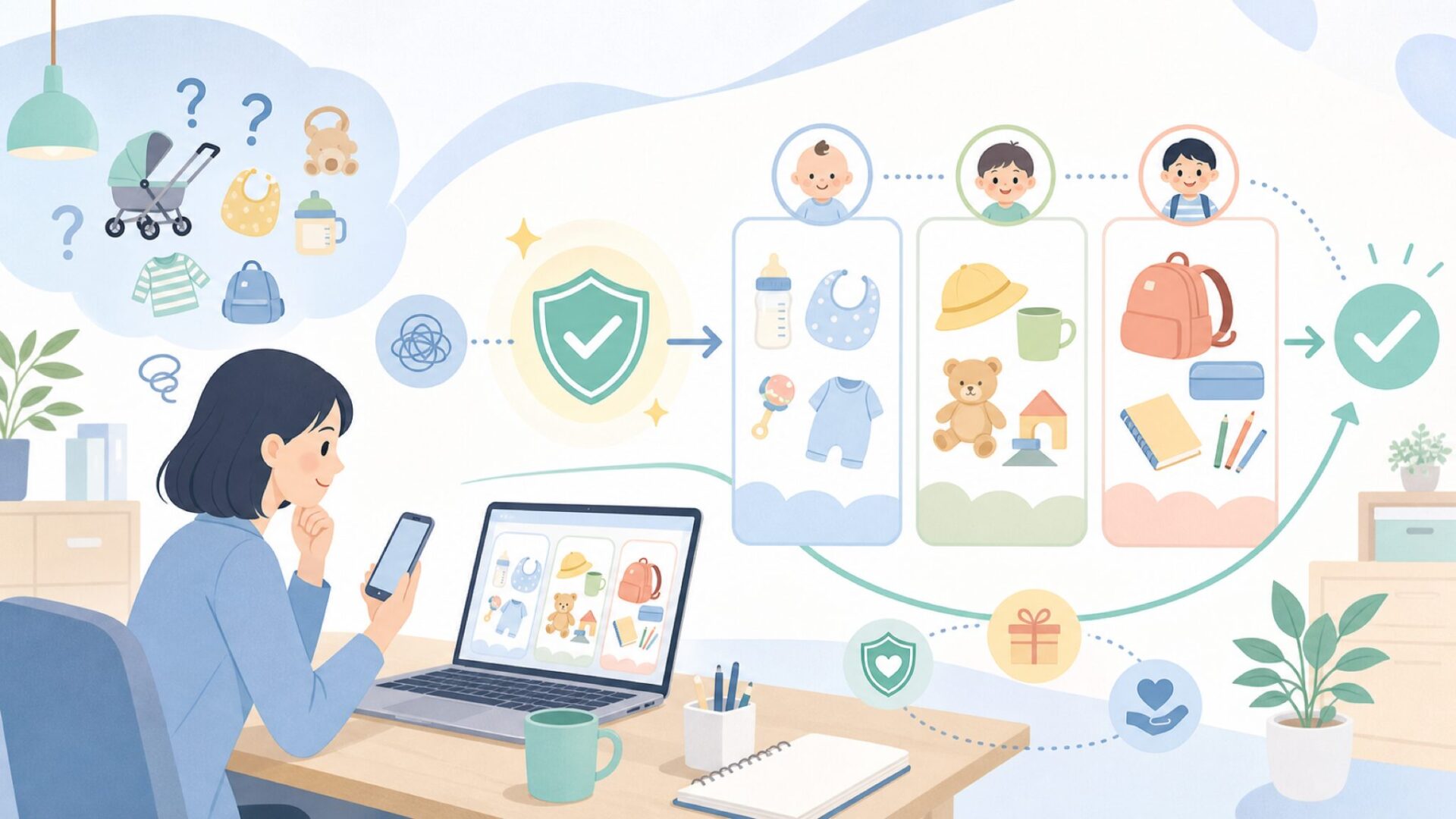 赤ちゃんから小学生まで幅広いラインナップの魅力を表すイラスト