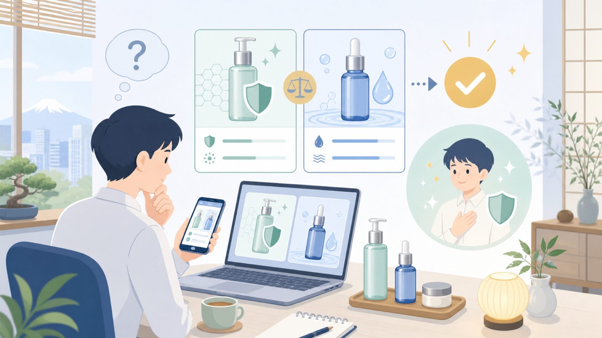 人気ケアアイテムを詳しく見る——S-COATING CAREとHYDRA SERUMを表すイラスト