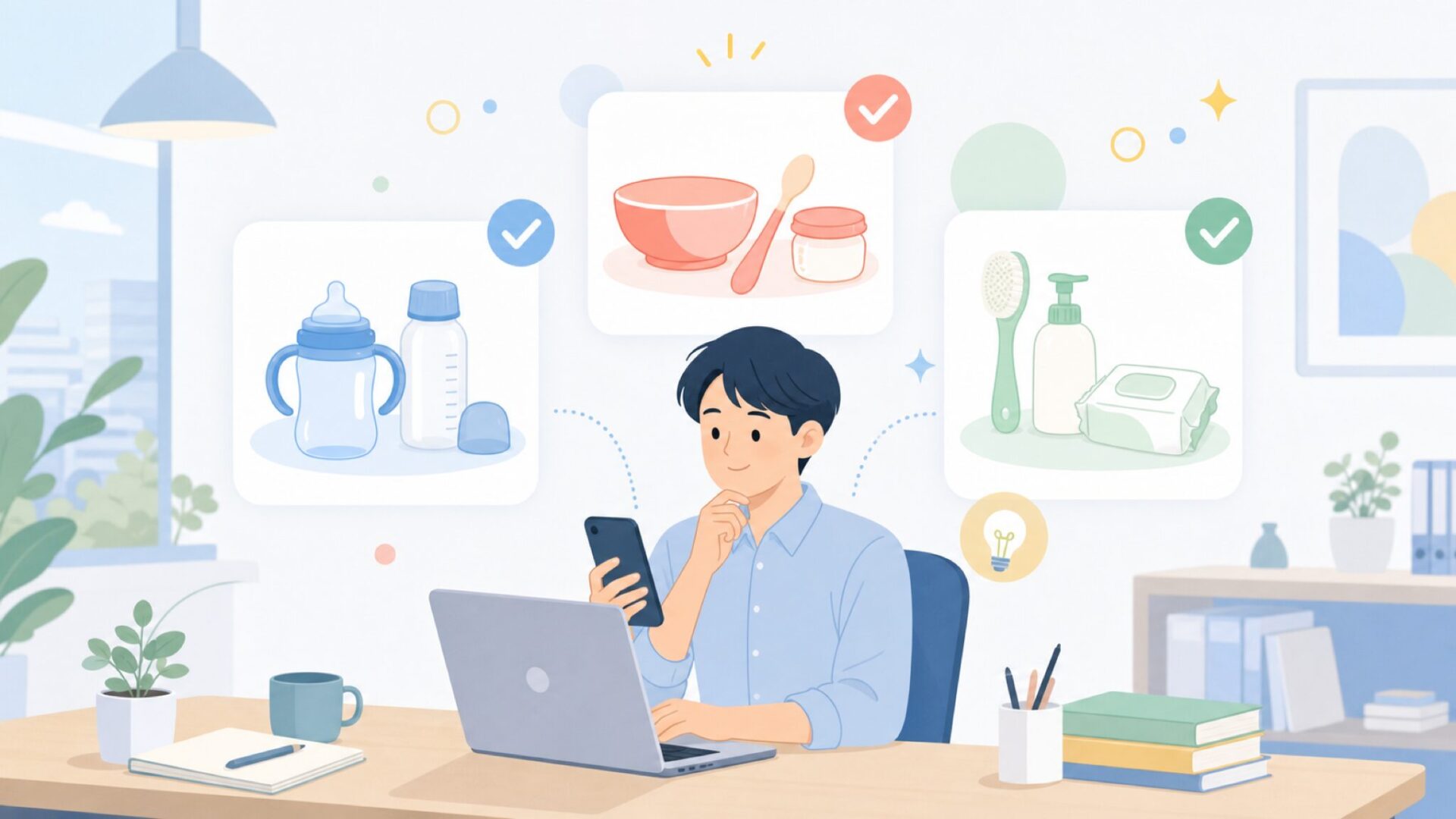Nubyを代表する商品ラインアップ——飲む・食べる・ケアするを表すイラスト