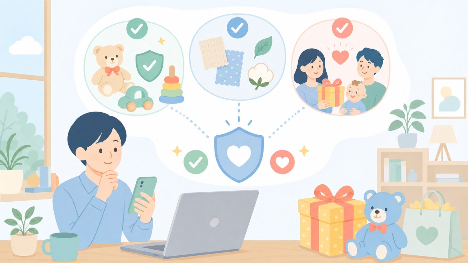 子供へのプレゼントとして安心できる3つの理由を表すイラスト
