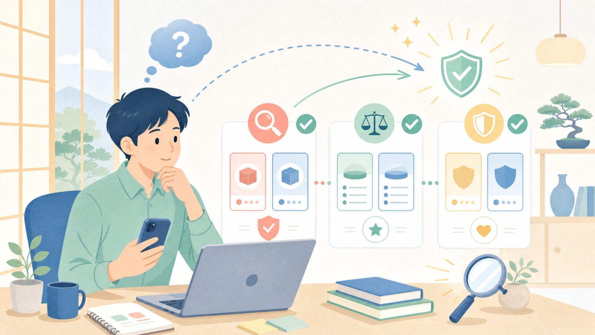 安全性を自分で判断するための3つの確認ポイントを表すイラスト