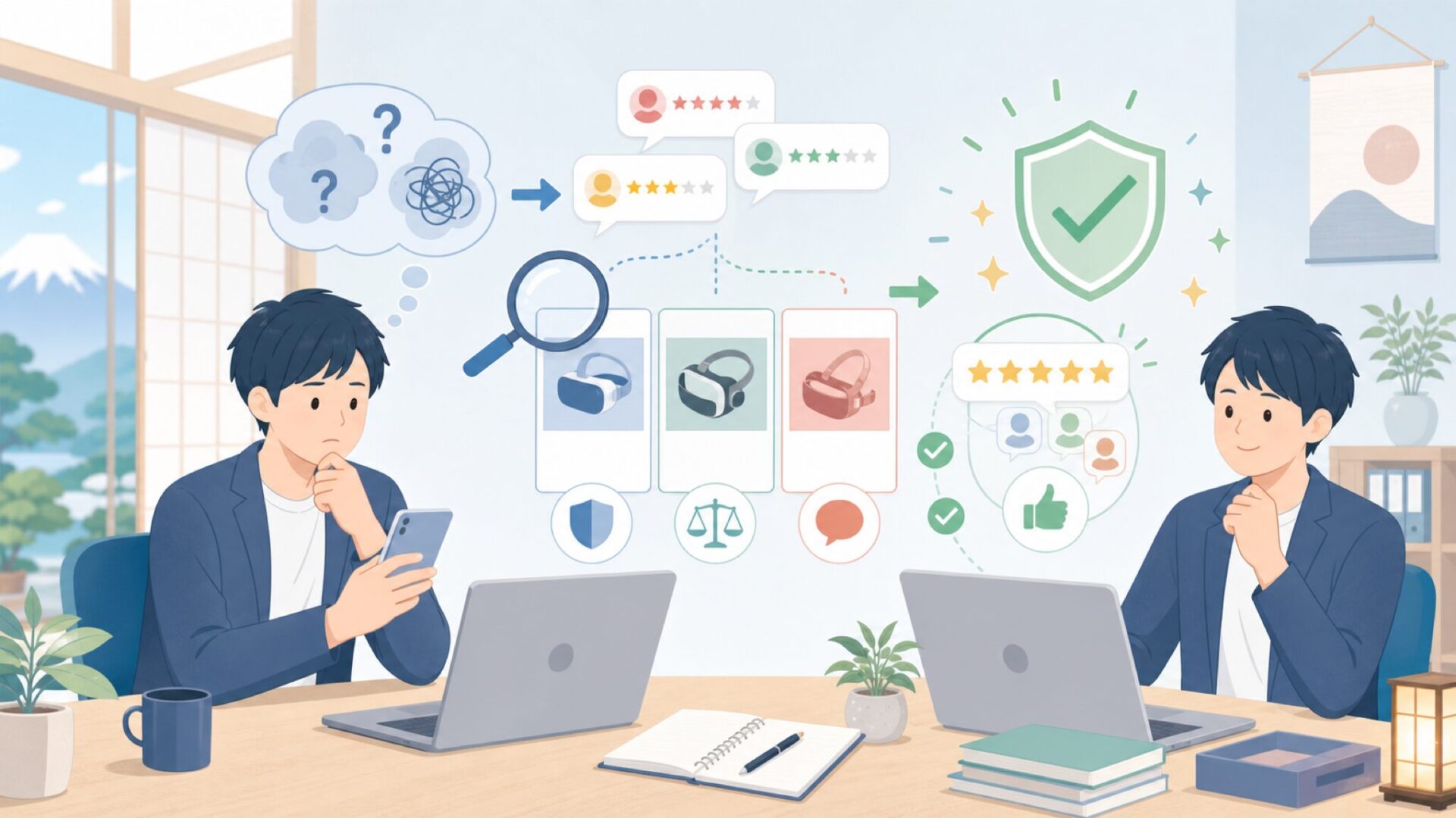 実際のユーザーレビューから見えるMaeckerVRの実力を表すイラスト