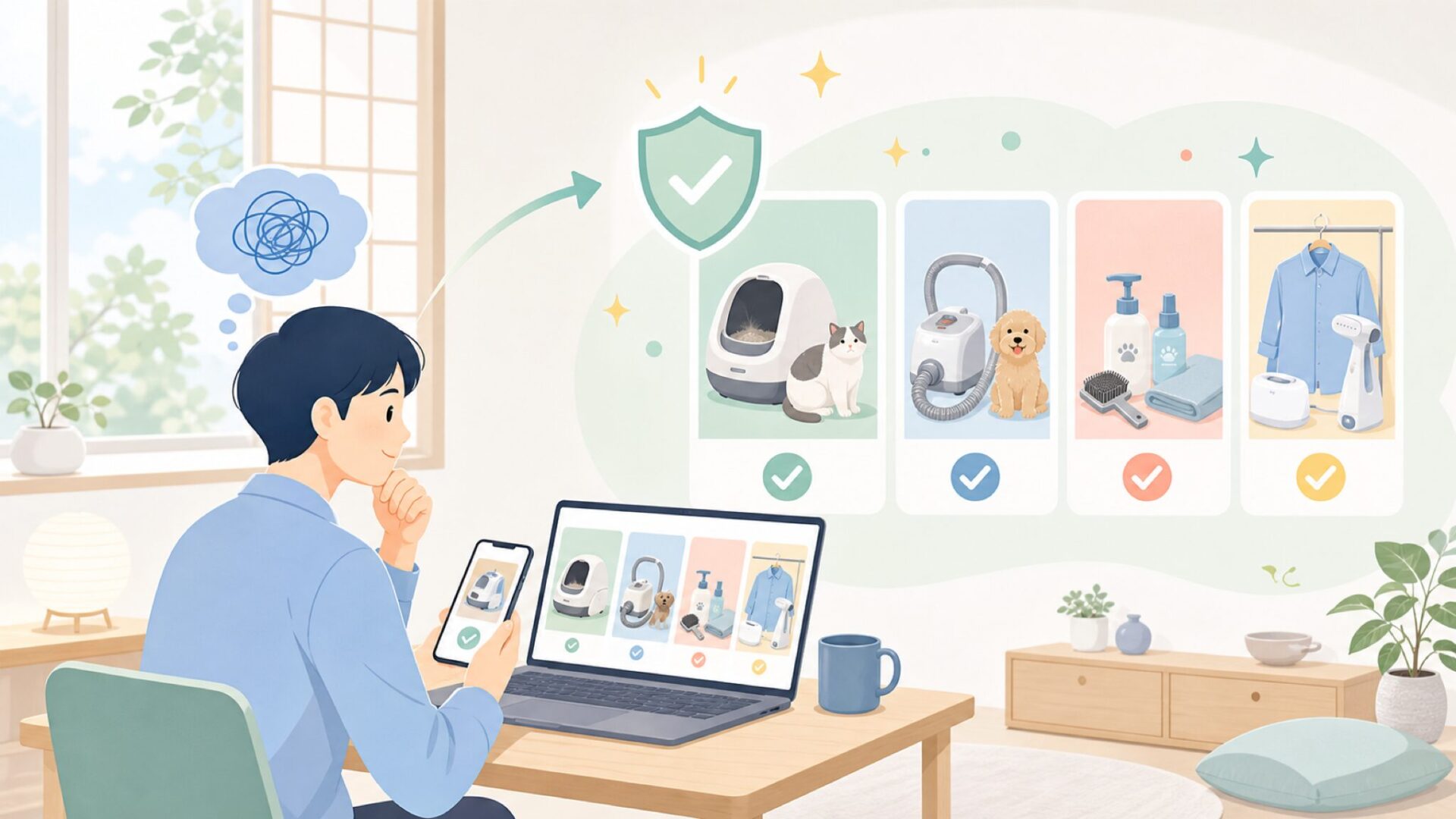 Neakasaの主力製品ラインナップ — 猫トイレからグルーミング・衣類ケアまでを表すイラスト