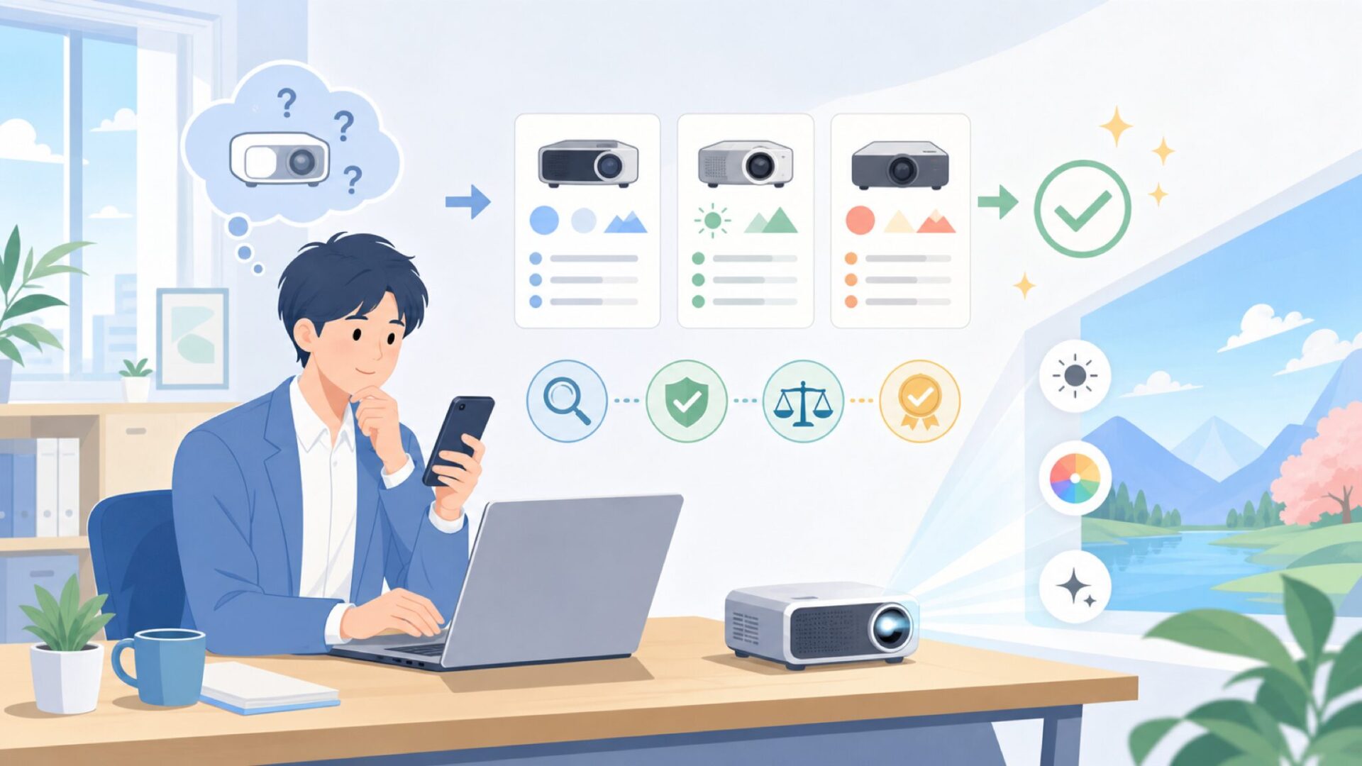 GROVIEWプロジェクターのスペックと画質の実力を表すイラスト